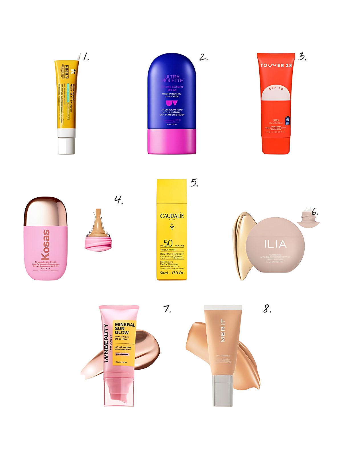 Numbered collage: 1. Kiehl's Since 1851 Better Screen Miner-all UV Serum Mineral Sunscreen SPF 50; 2. Ultra Violette Future Screen SPF 50 Mineral Fragrance Free Facial Sunscreen Serum; 3. Tower 28 Beauty SOS FaceGuard SPF 30 Mineral Sunscreen; 4. Kosas DreamBeam Silicone-Free Mineral Sunscreen SPF 40 with Ceramides and Peptides in DreamBeam Sunlit; 5. Caudalie Vinosun Protect Brightening Daily Mineral Face Sunscreen SPF 50 with Niacinamide; 6. ILIA Sun Serum Mineral Sunscreen SPF 50 with 8-Hour Oil Control in Light-Medium; 7. INNBEAUTY PROJECT Mineral Sun Glow SPF 43 PA +++ Daily Hydrating Sunscreen with Peptides + Antioxidants - Non-Comedogenic in Fair-Light; 8. MERIT The Uniform Tinted Mineral Sunscreen Broad Spectrum SPF 45 in 21