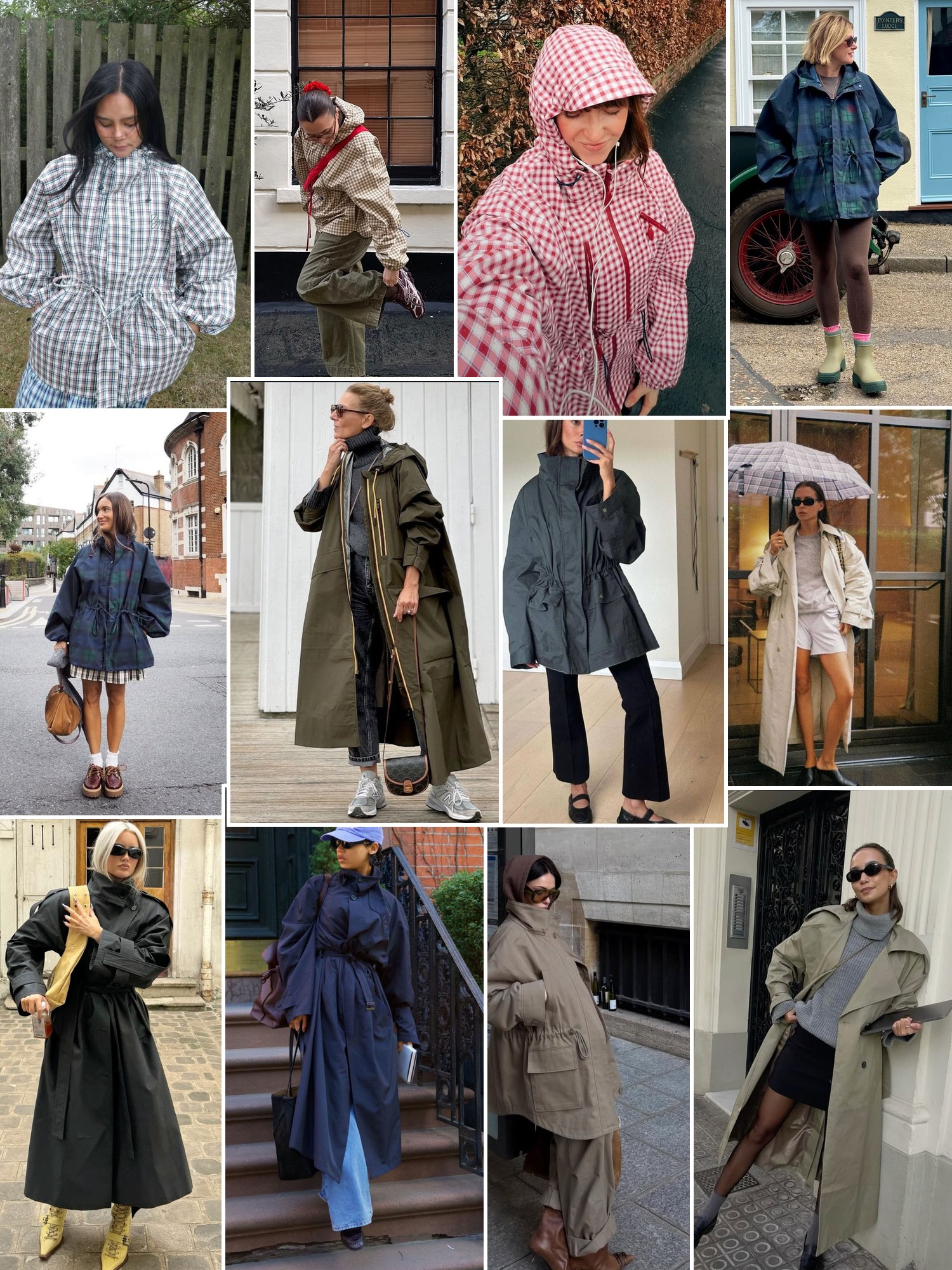 Collage of everyday outfits built around Damson Madder raincoat