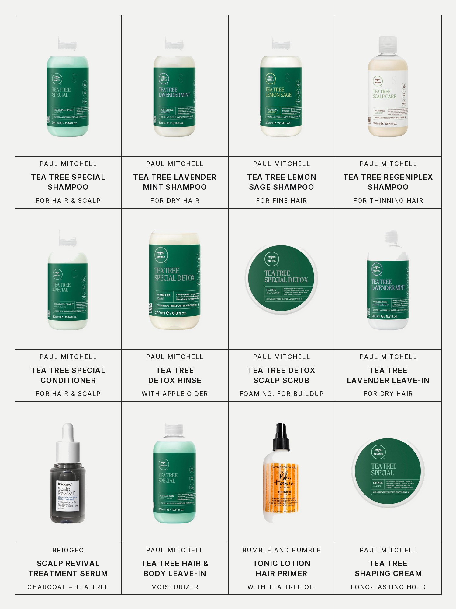 Twelve boxes on a pale grey page, one for each product in this edit, each with its brand and name printed below: Paul Mitchell Tea Tree Special Shampoo for Hair & Scalp, Paul Mitchell Tea Tree Lavender Mint Moisturizing Shampoo for Dry Hair, Paul Mitchell Tea Tree Lemon Sage Thickening Shampoo for Volumizing Fine Hair, Paul Mitchell Tea Tree Scalp Care Regeniplex Volumizing Shampoo for Thinning Hair, Paul Mitchell Tea Tree Special Conditioner for Invigorating Hair & Scalp, Paul Mitchell Tea Tree Special Detox Kombucha Clarifying Hair Rinse with Apple Cider Vinegar, Paul Mitchell Tea Tree Special Detox Foaming Scalp Scrub for Buildup, Paul Mitchell Tea Tree Lavender Mint Lightweight Leave-In Conditioner for Dry Hair, Briogeo Scalp Revival Charcoal + Tea Tree Scalp Treatment Serum, Paul Mitchell Tea Tree Hair and Body Moisturizer Leave-In Conditioner, Bumble and bumble Tonic Lotion Tea Tree Oil Hair Primer and Paul Mitchell Tea Tree Hair Shaping Cream for Long-Lasting Hold.