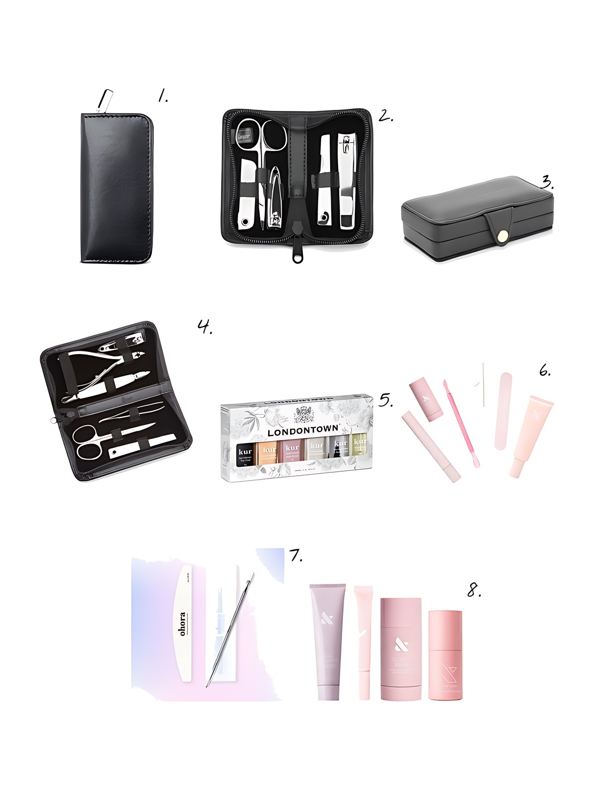 Numbered collage: 1. ROYCE New York Leather Compact Grooming Manicure Kit; 2. ROYCE New York Leather Mini Manicure Grooming Kit; 3. ROYCE New York Luxury Leather Manicure Set Travel Case; 4. ROYCE New York Leather Compact Grooming Kit; 5. Londontown Total Care Gift Set; 6. Olive & June Cuticle Care Set; 7. ohora Essential Tool Duo; 8. Olive & June Total Mani Rescue Set