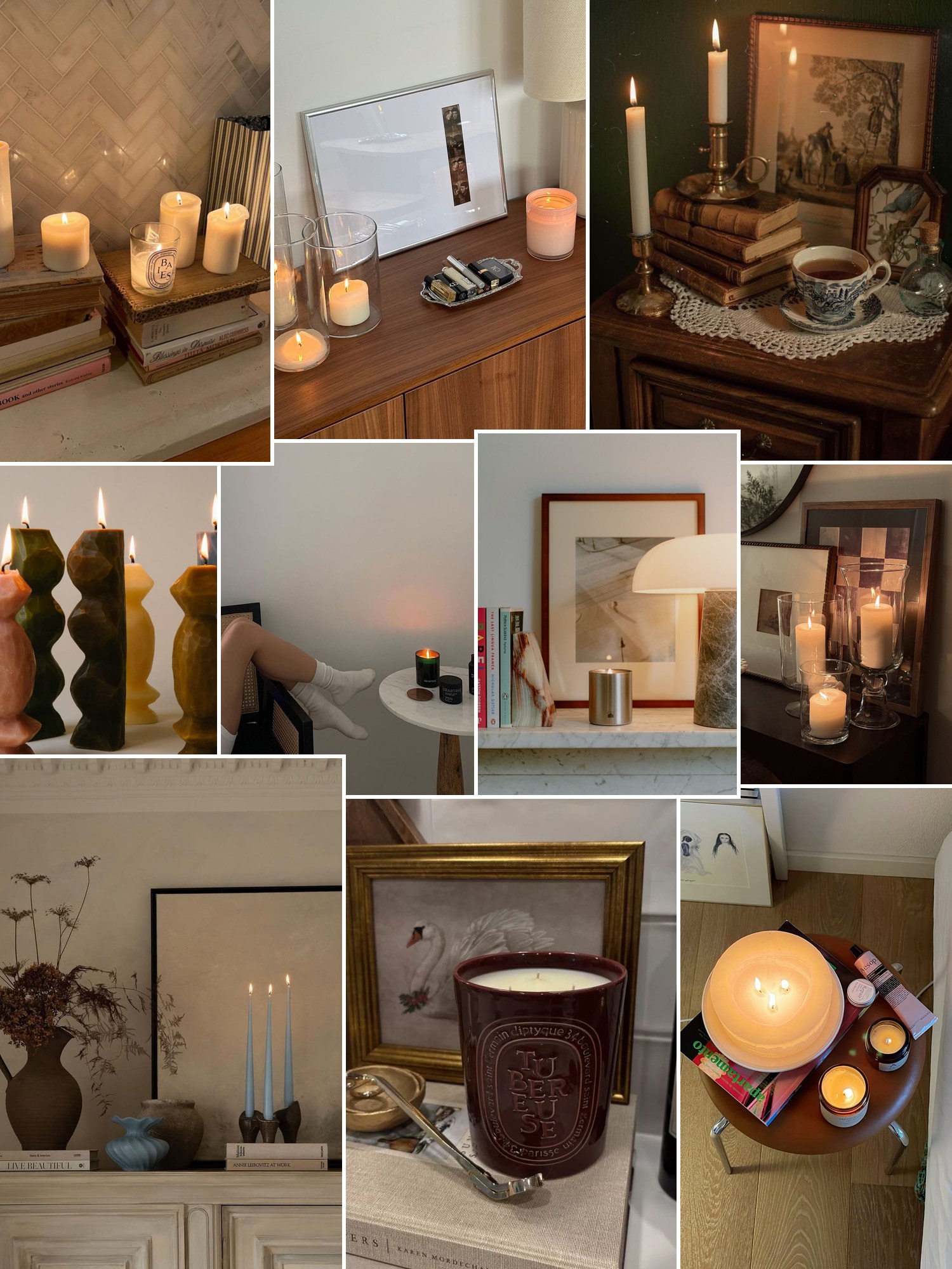 Collage of candles on tables, shelves and bedside