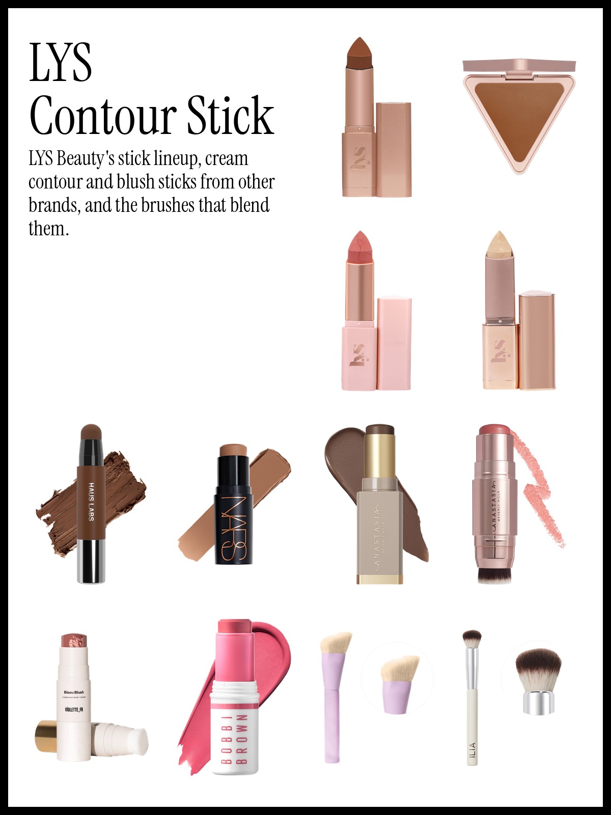 Collage of the LYS Beauty No Limits Cream Bronzer and Contour Stick, the Haus Labs Precision Sculpt Shaping Balm Contour Stick and the Anastasia Beverly Hills Cream Stick Blush.