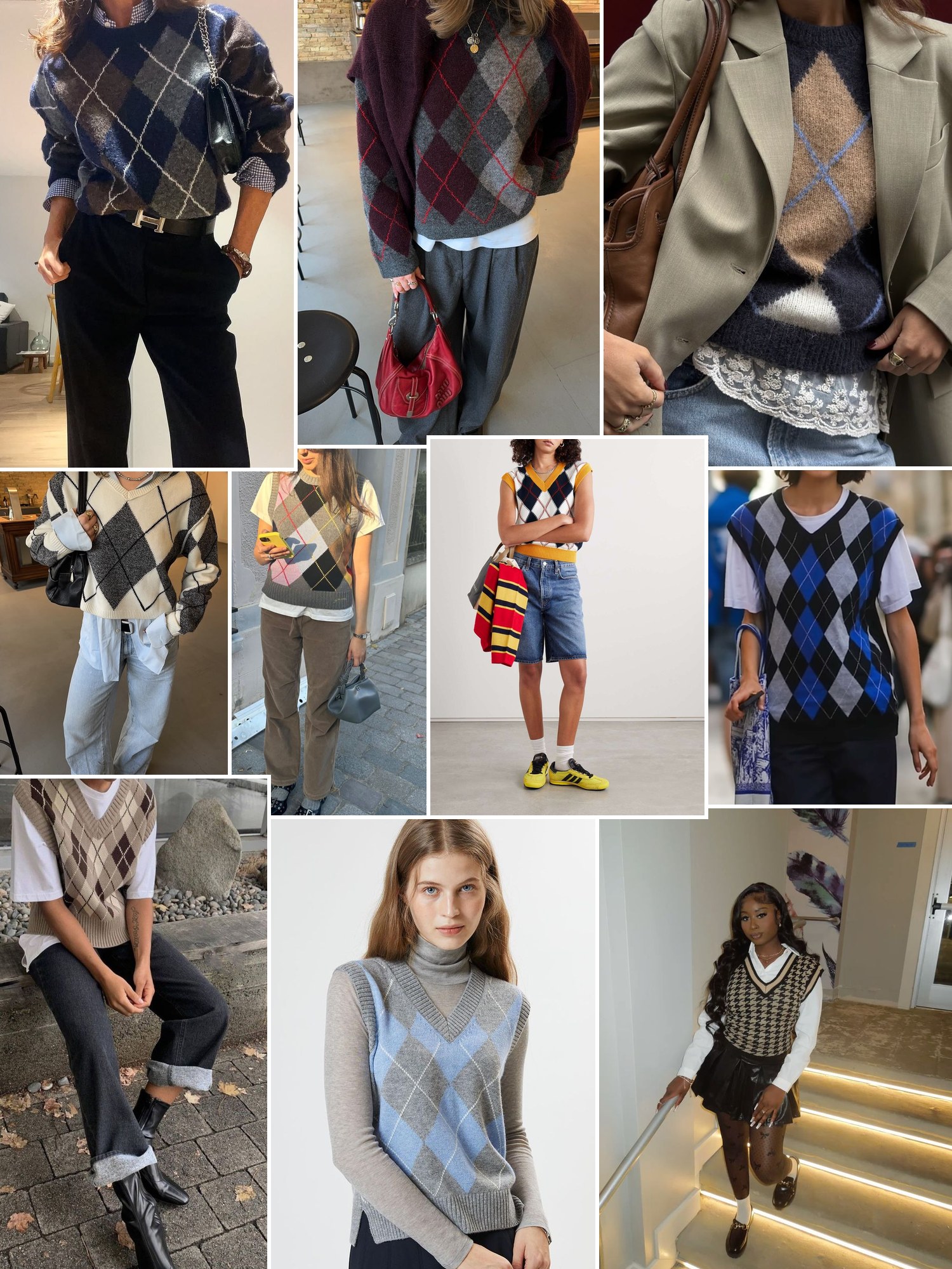 Collage of everyday outfits built around Argyle sweater