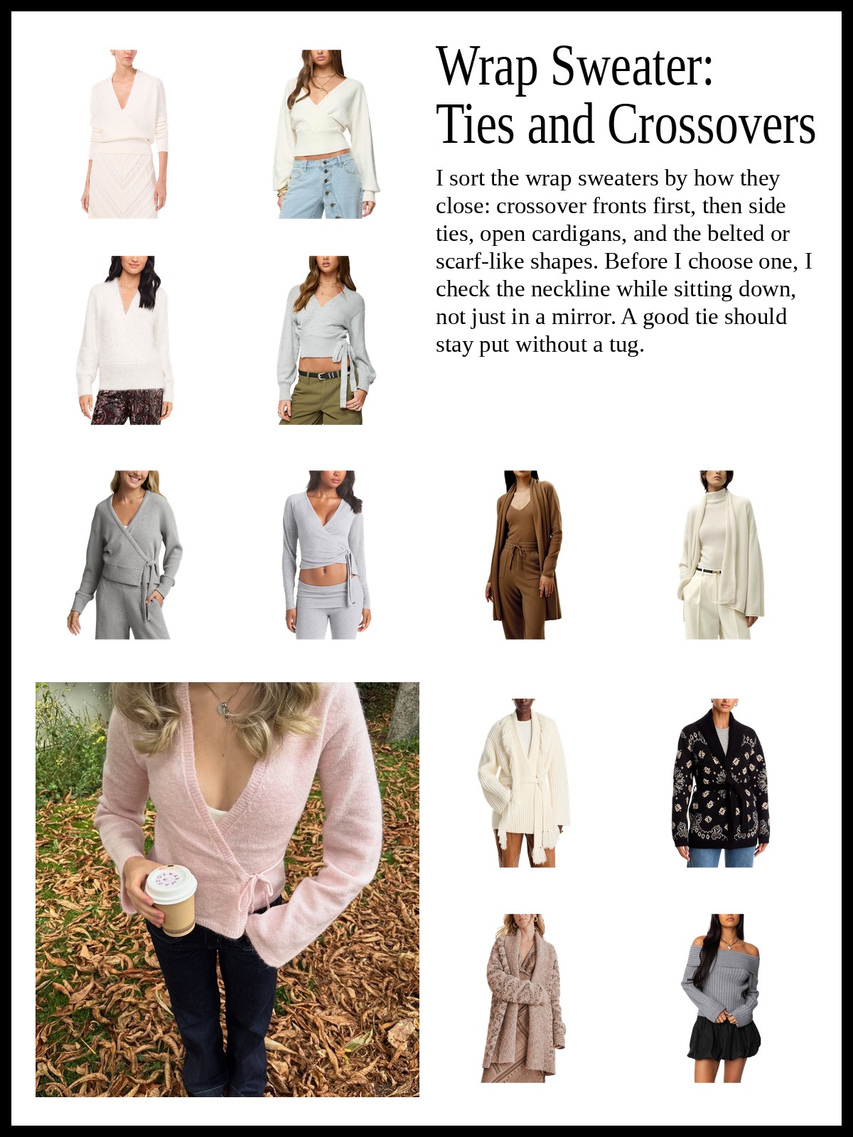 Collage of crossover V-neck sweaters, side-tie wrap knits, wrap and open-front cardigans, and belted, scarf and faux-wrap knits