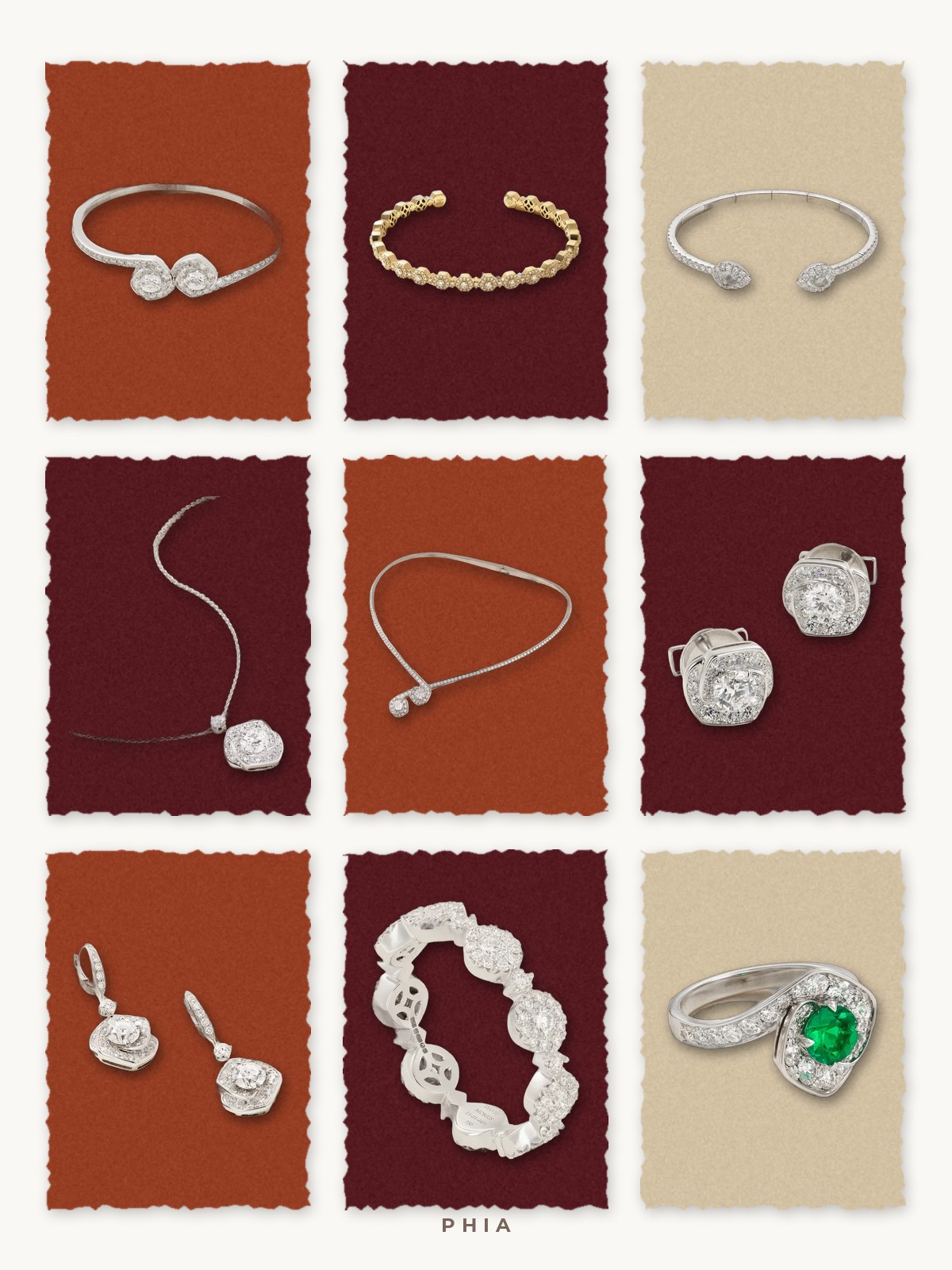 Torn-paper grid featuring David Morris diamond bangles, necklaces, earrings and rings.