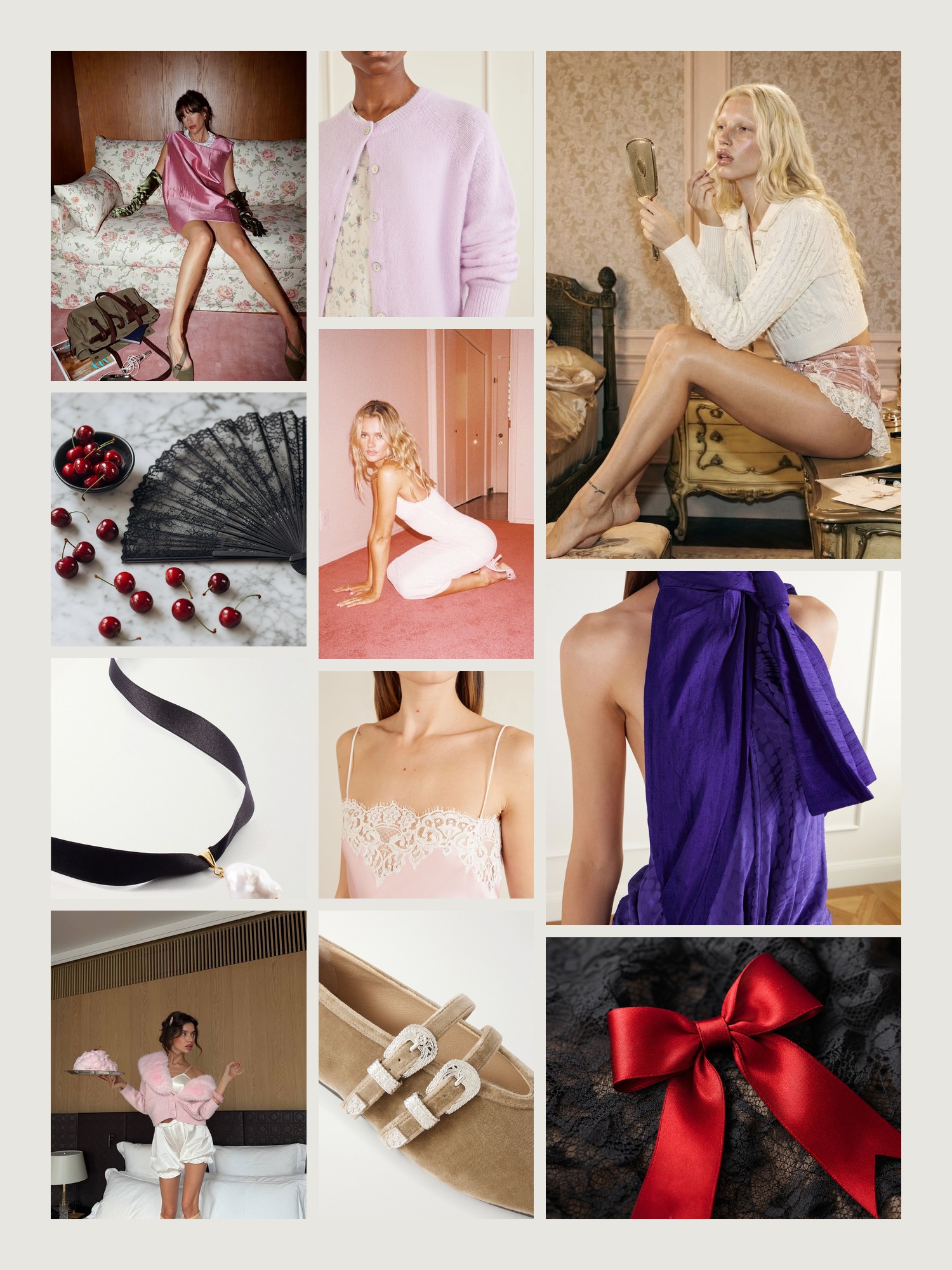 Mood board of coquette style in black lace and red ribbon
