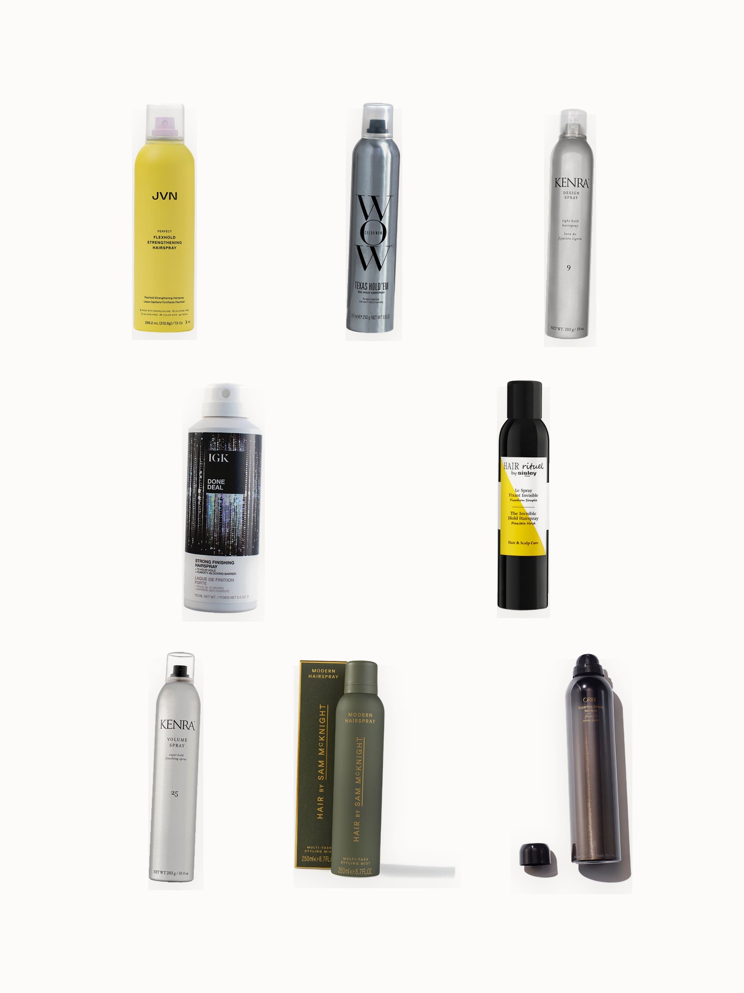 Flat lay of flexible, strong and restyling hairsprays on an off-white background