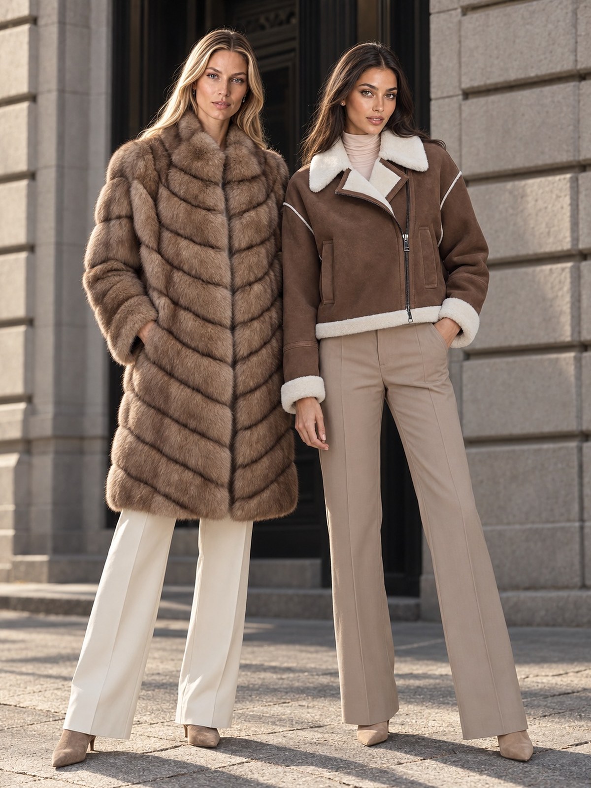 Two models in a fur coat and a shearling trim suede jacket with trousers outside a stone building