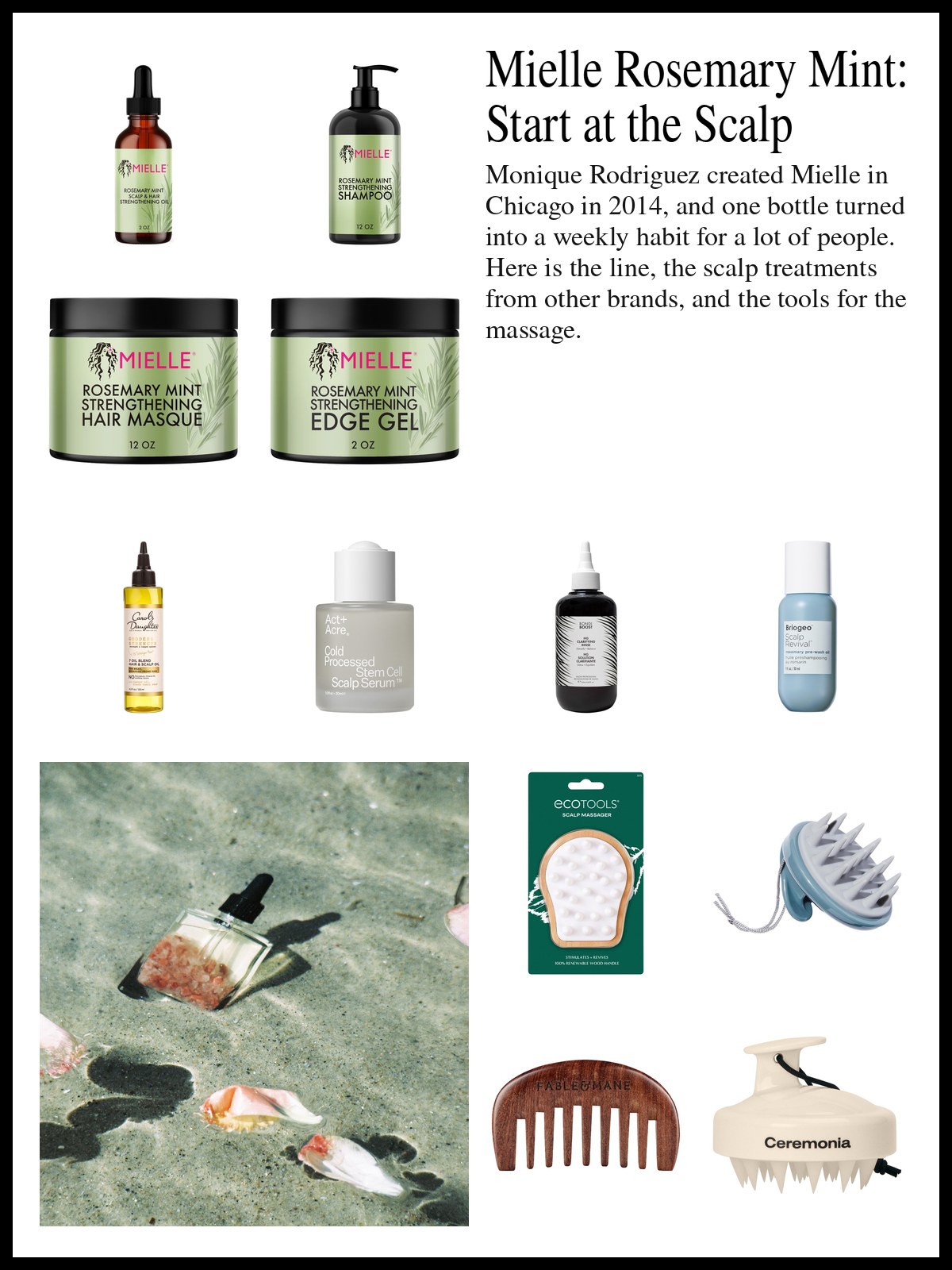 Collage of rosemary scalp oils, strengthening shampoo, edge gel, scalp serums and massagers beside a botanical still life and a mood photo of a dropper bottle in clear water with shells.