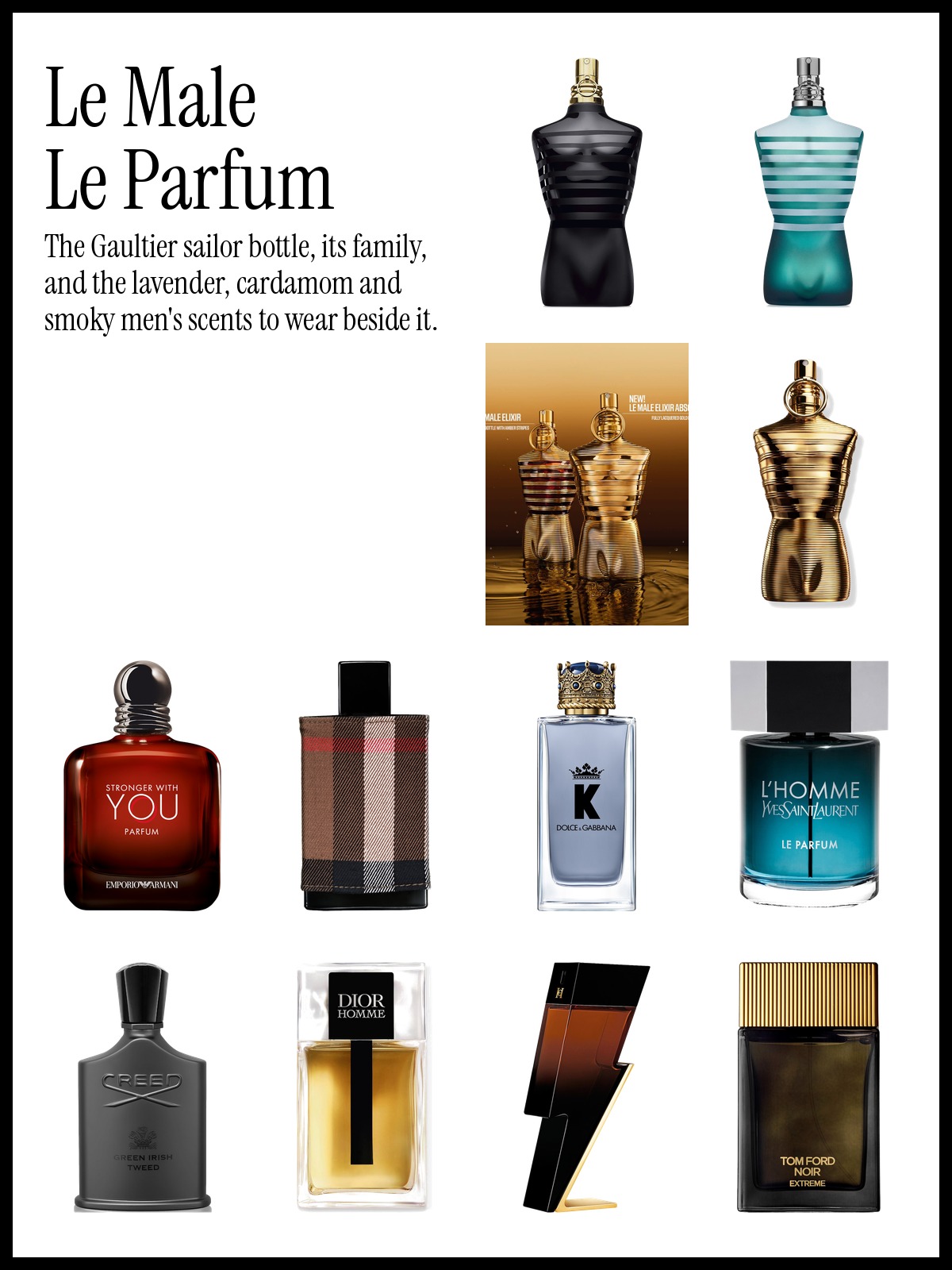 Collage of Jean Paul Gaultier Le Male Le Parfum, Armani Beauty Stronger With You Parfum and Yves Saint Laurent L'Homme Le Parfum