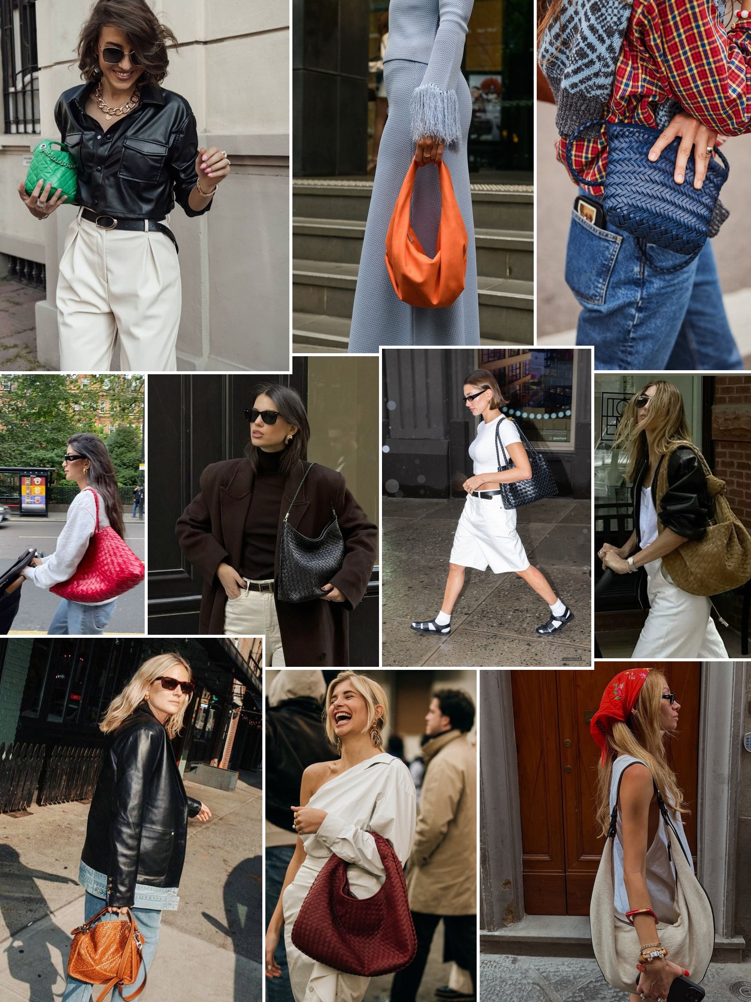 Collage of woven leather shoulder bags and similar looks