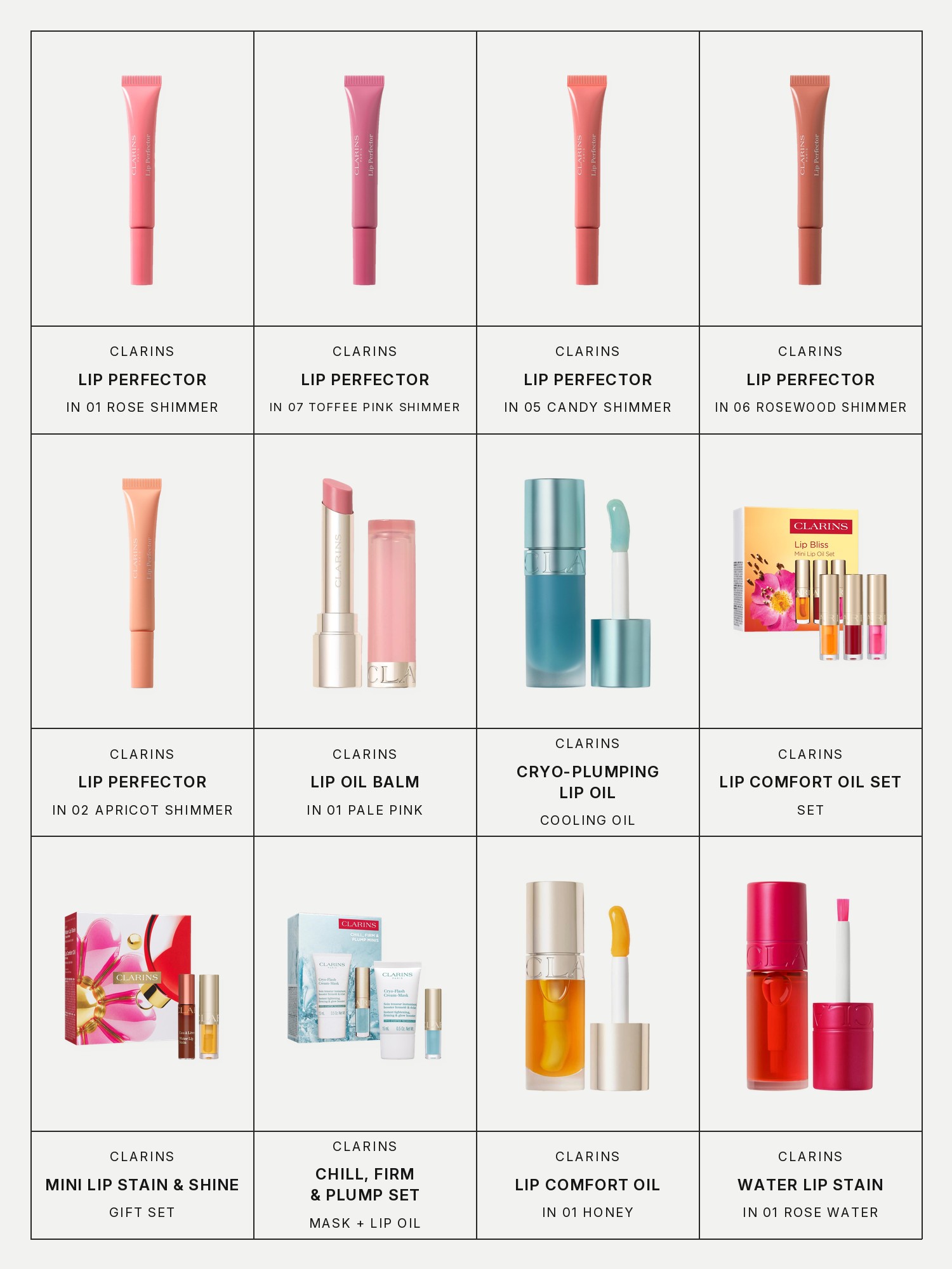 Twelve boxes on a pale gray page, one for each product in this edit, each with its brand and name printed below: Clarins Lip Perfector Peptide-Plumping & Hydrating Lip Gloss in 01 Rose Shimmer, Clarins Lip Perfector Peptide-Plumping & Hydrating Lip Gloss in 07 Toffee Pink Shimmer, Clarins Lip Perfector Peptide-Plumping & Hydrating Lip Gloss in 05 Candy Shimmer, Clarins Lip Perfector Peptide-Plumping & Hydrating Lip Gloss in 06 Rosewood Shimmer, Clarins Lip Perfector Peptide-Plumping & Hydrating Lip Gloss in 02 Apricot Shimmer, Clarins Hydrating Peptide & Plumping Lip Oil Balm, Clarins Cryo-Plumping Lip Oil, Clarins Lip Comfort Hydrating Oil Set, Clarins Mini Lip Stain & Shine Gift Set, Clarins Chill, Firm & Plump Mask & Lip Oil Gift Set, Clarins Lip Comfort Hydrating Oil in 01 Honey and Clarins Hydrating Water Lip Stain Kiss-Proof & Matte Finish in 01 Rose Water.