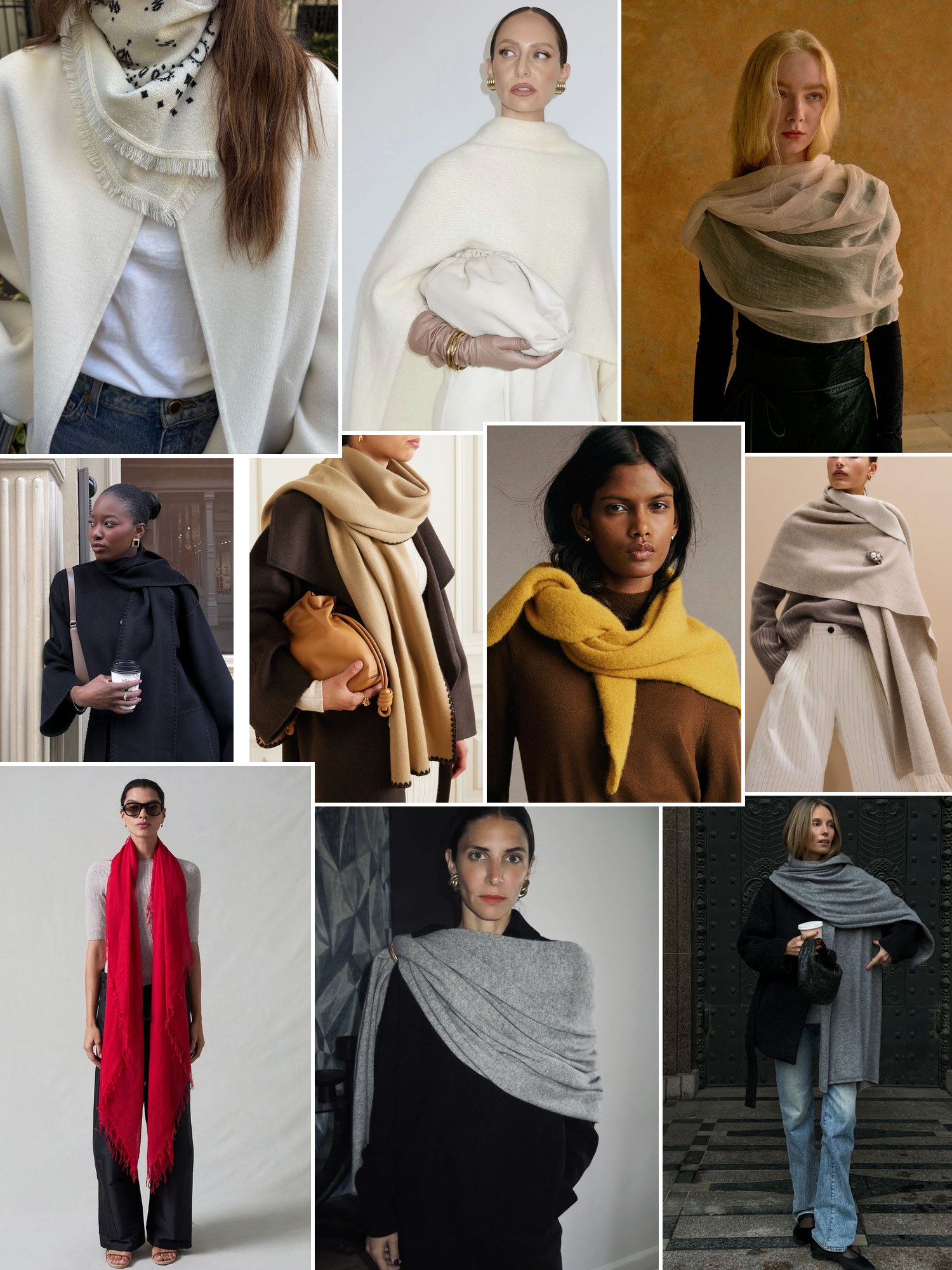 Collage of everyday outfits built around Kujten scarf