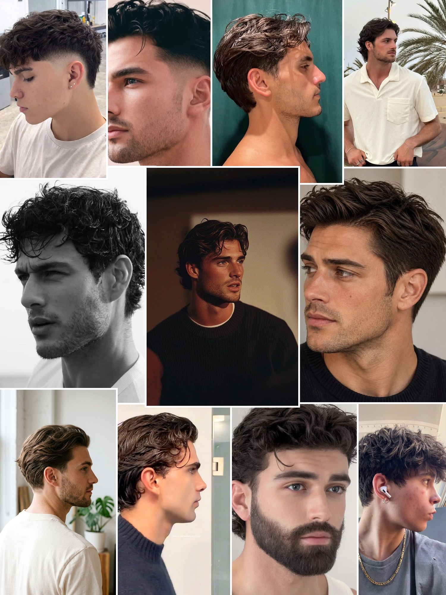 A mood board of men with textured, freshly styled hair in profile and close-up portraits.