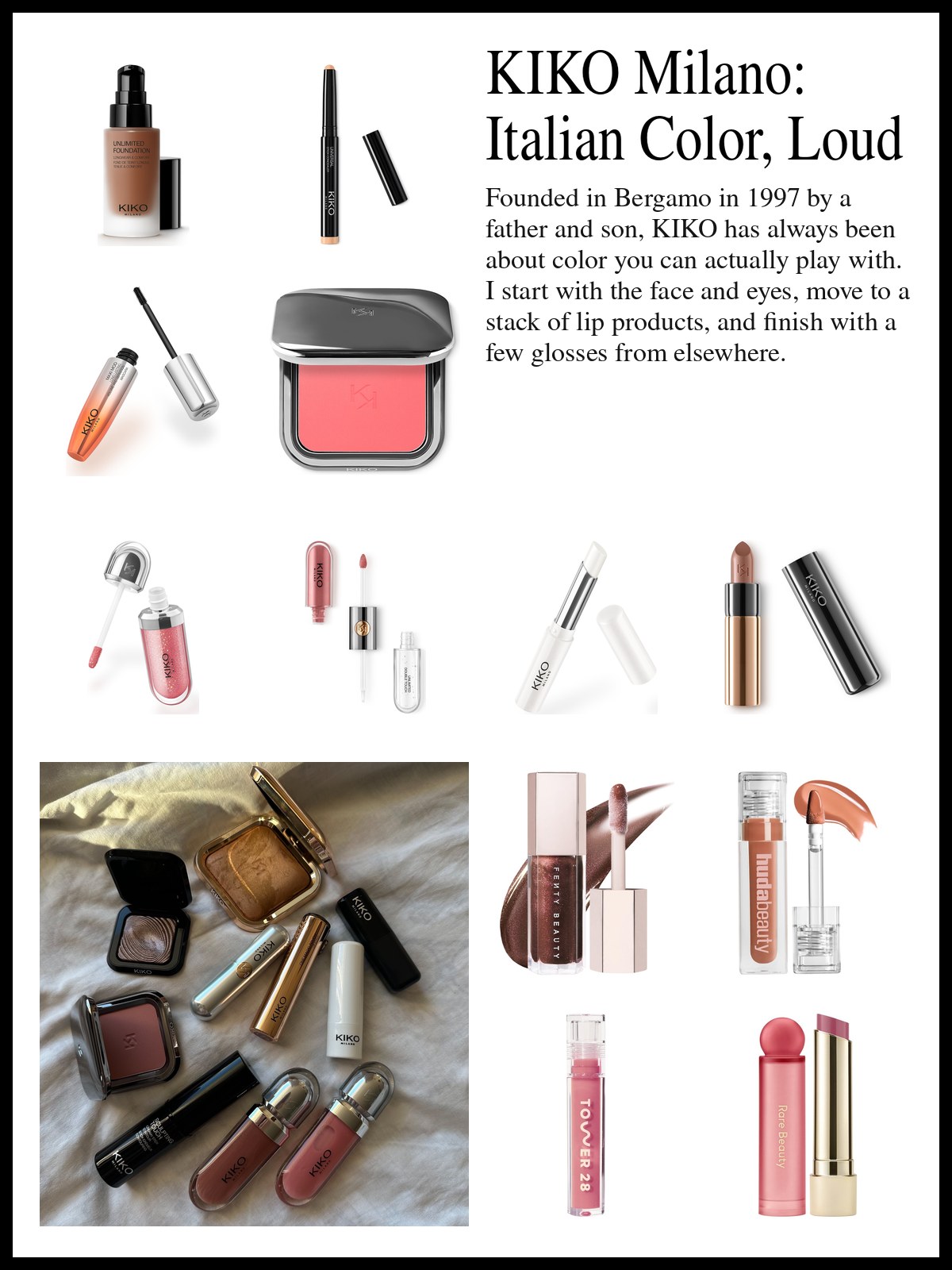 Collage of KIKO Milano foundation, mascara, blush and lip products with other brands' glosses and lip oils beside a mood photo of KIKO Milano makeup scattered on white sheets.
