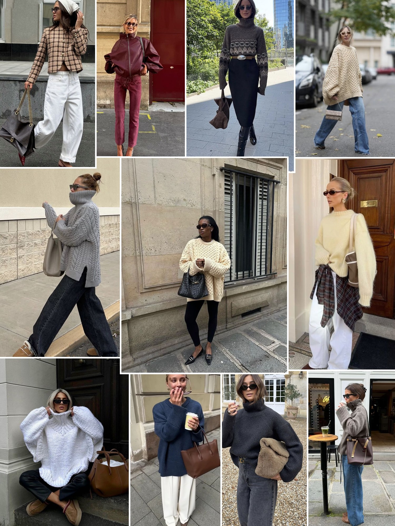 Street style collage of women in fall outfits with suede jackets, knits and knee boots