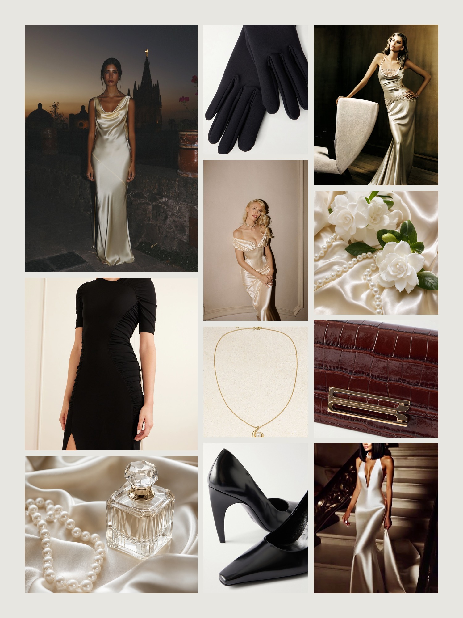 Mood board of Old Hollywood outfits in ivory satin and pearls