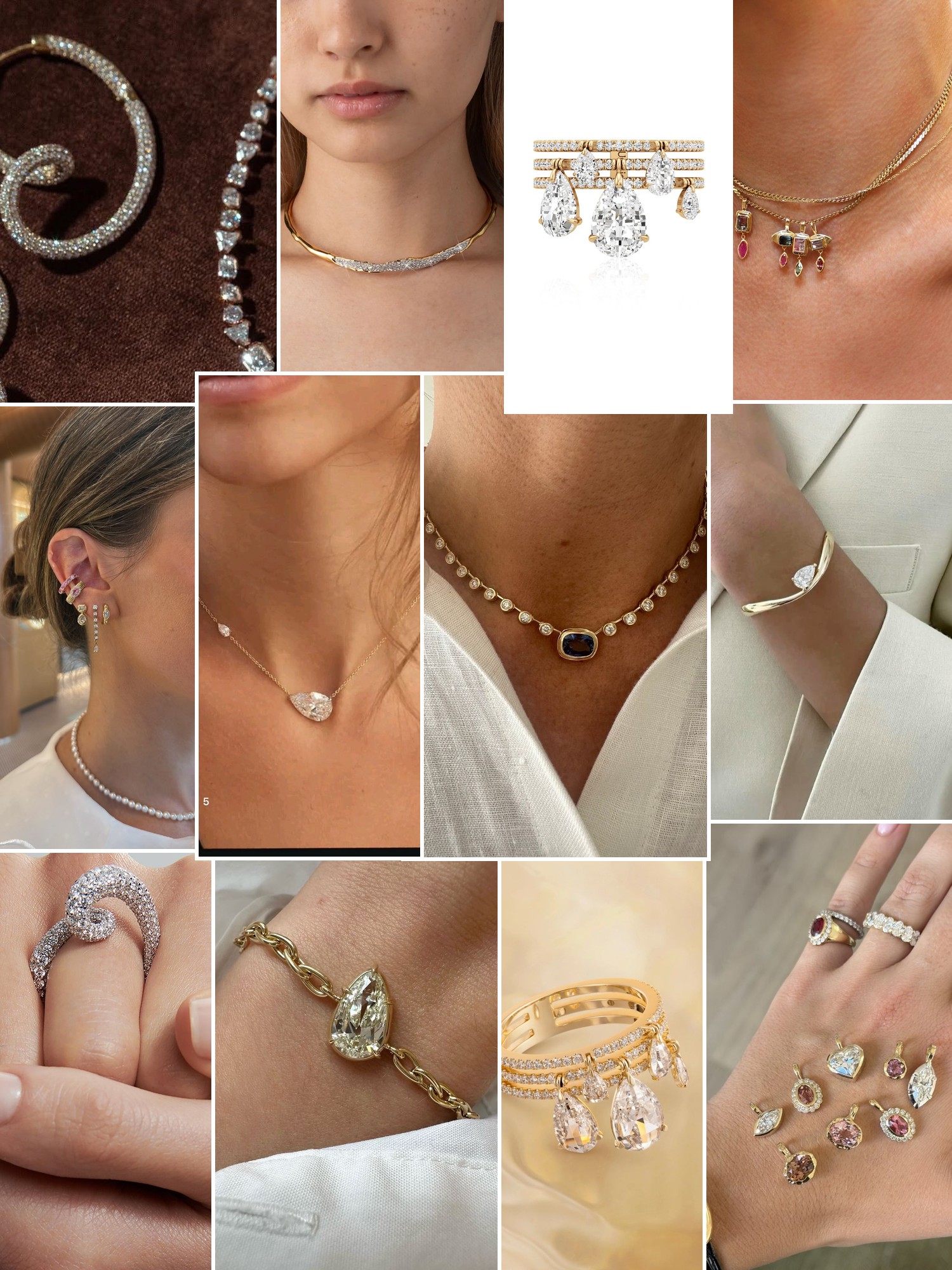 Collage of rings, earrings and layered necklaces worn up close, in the spirit of Unsaid