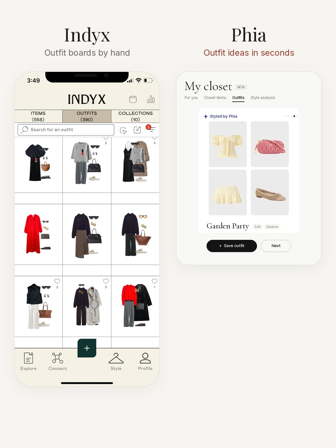 Side by side: Indyx's hand-built outfit boards, next to a Styled by Phia outfit called Garden Party