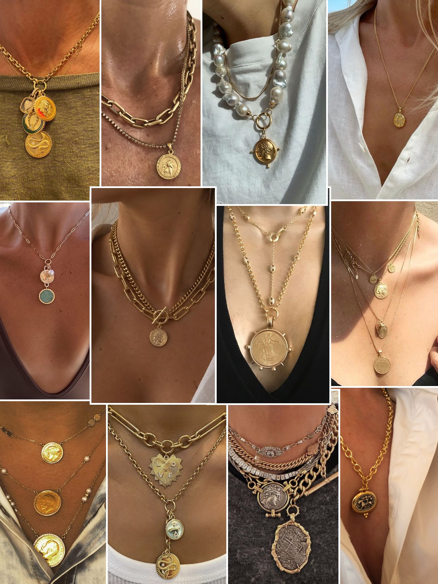 Collage of everyday outfits built around coin necklace