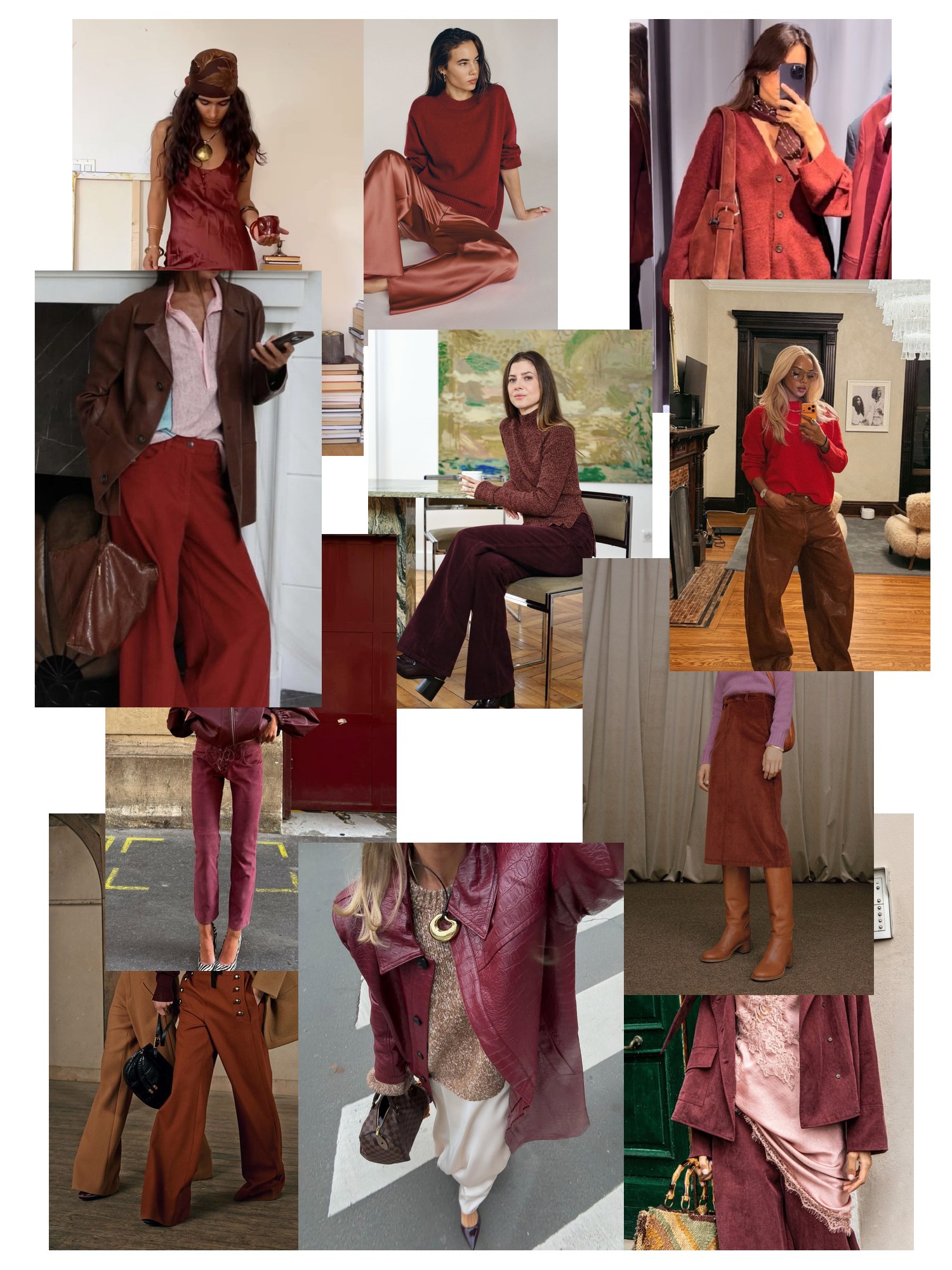 Collage of eleven street-style photos of women wearing rust and burgundy outfits, scattered and overlapping on white