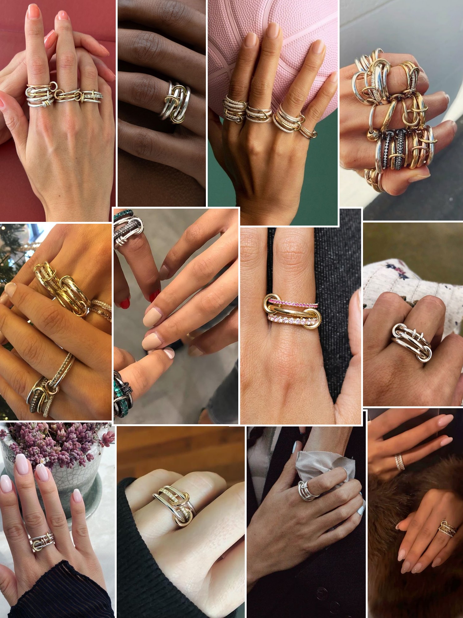 Collage of rings, earrings and layered necklaces worn up close, in the spirit of Spinelli Kilcollin
