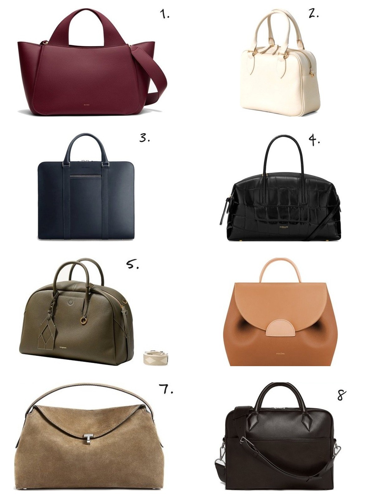 Numbered collage: 1. Cuyana Mila Satchel; 2. Hyer Goods La Corsa Bowling Bag; 3. Carl Friedrik Palissy Double Briefcase; 4. DeMellier The Midi Stockholm; 5. Songmont Large Yore Bowling Bag; 6. Polène Numéro Un in Camel; 7. Toteme T-Lock Suede Top Handle in Tobacco; 8. Métier Closer Slim Briefcase in Cacao