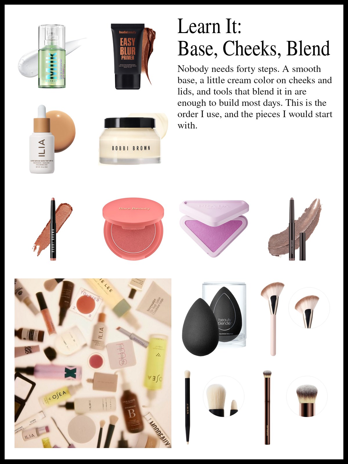 Collage of primers, skin tints, cream blushes, eyeshadow sticks and brushes beside a soft-focus flat lay of scattered makeup bottles, brushes, blush compacts and lipsticks on a cream background.