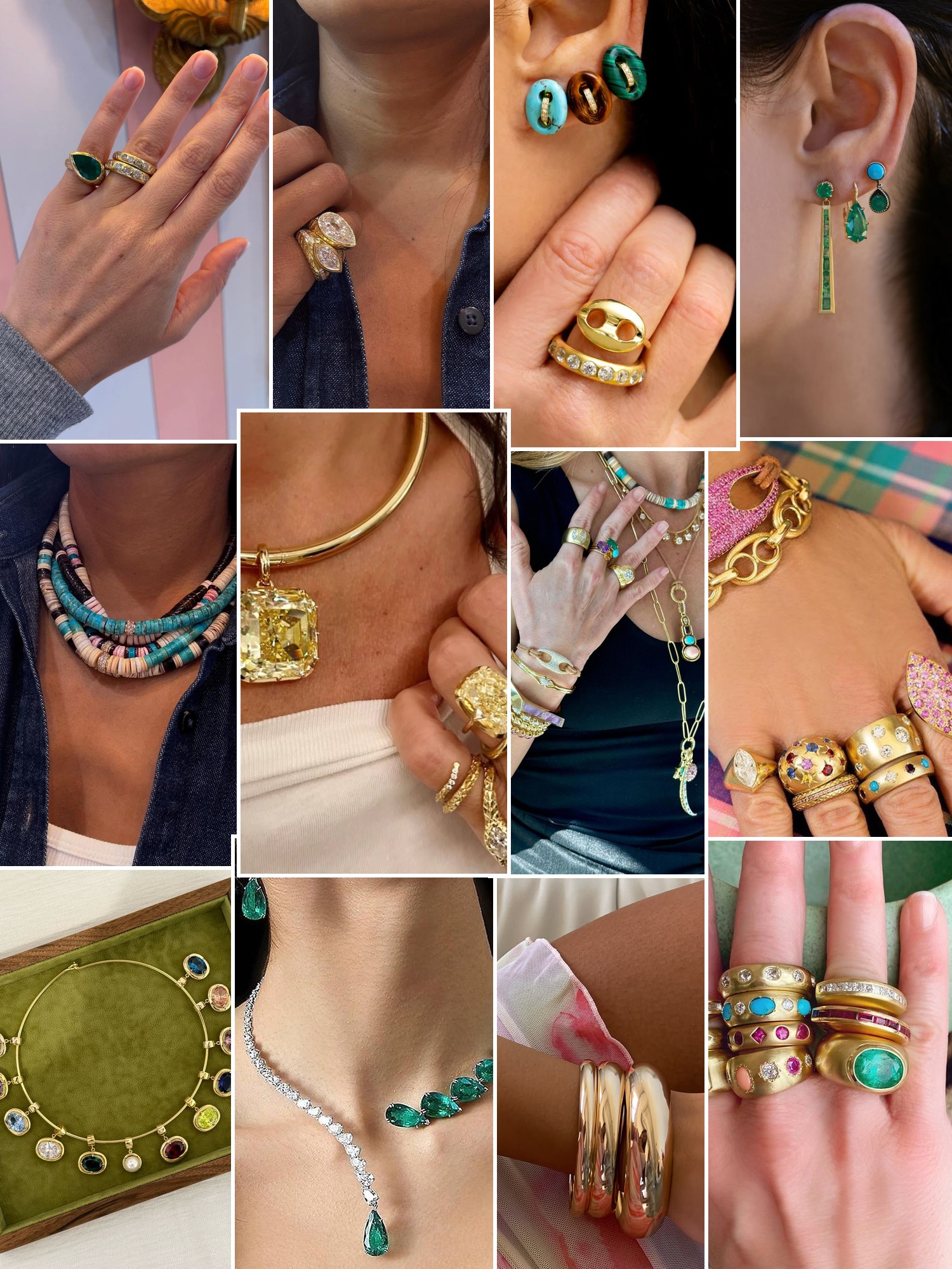 Collage of rings, earrings and layered necklaces worn up close, in the spirit of Jenna Blake