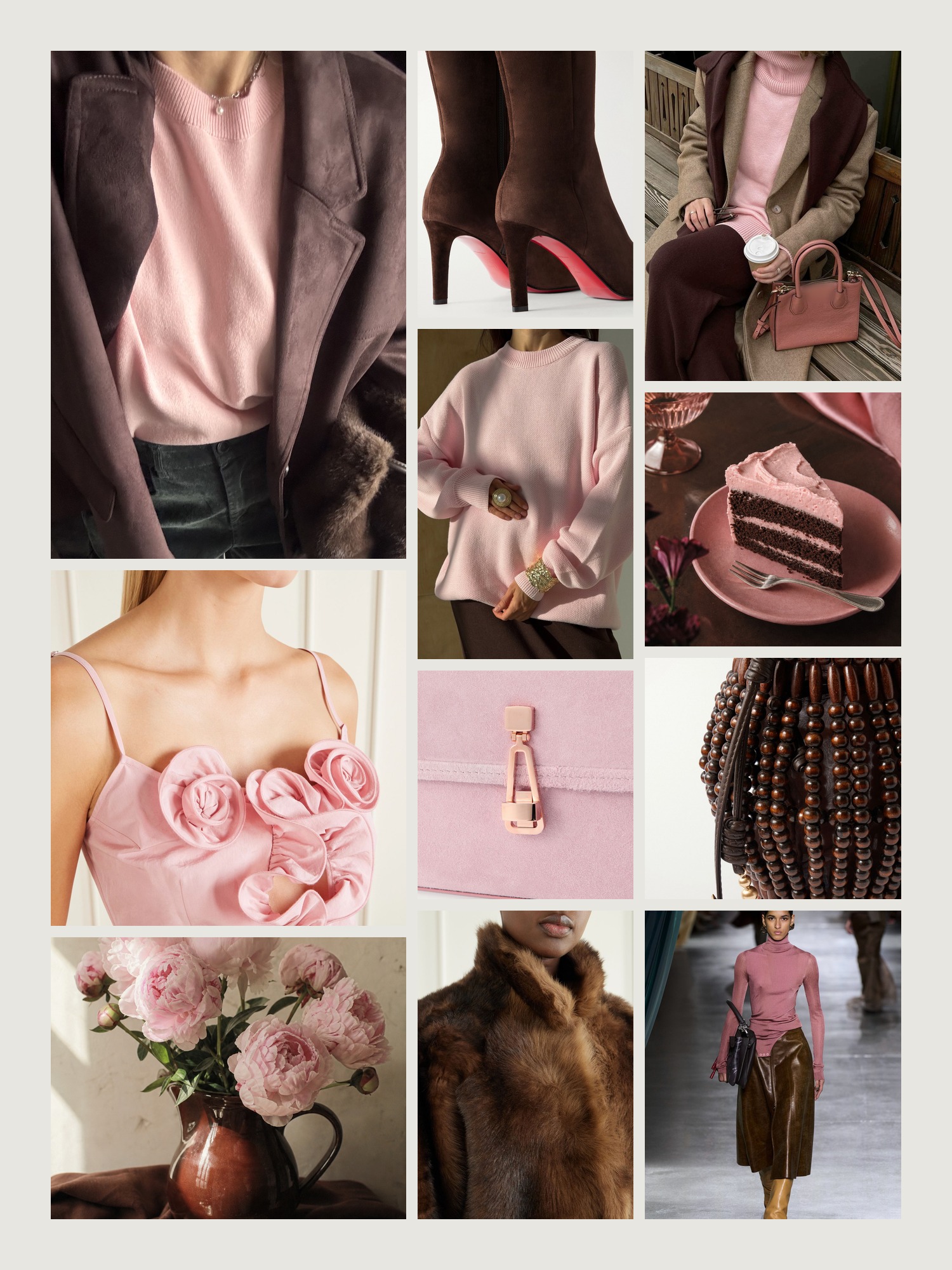 Mood board for pink and chocolate brown outfits: four street-style photos of women wearing pink and chocolate brown, close-ups of the Magda Butrym mini dress, the Christian Louboutin knee boots, the Gabriela Hearst top-handle bag, the Nour Hammour shearling jacket and the Cult Gaia bucket bag from this edit, and two still lifes in both colors