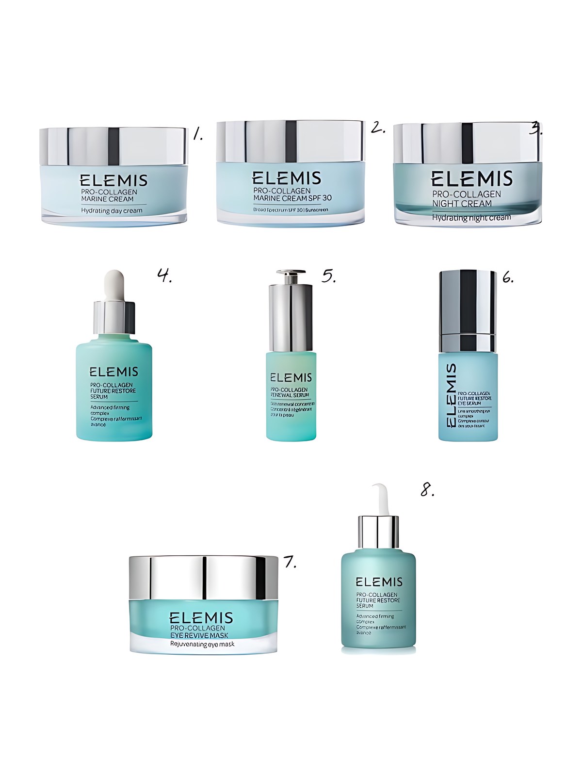 Numbered collage: 1. Elemis Pro-Collagen Anti Aging Marine Cream; 2. Elemis Pro-Collagen Anti Aging Marine Cream SPF 30; 3. Elemis Pro-Collagen Anti Aging Night Cream; 4. Elemis Pro Collagen Future Serum; 5. Elemis Pro-Collagen Firming Retinol Alternative Renewal Serum; 6. Elemis Pro-Collagen Future Restore Eye Serum; 7. Elemis Pro-Collagen Brightening Eye Revive Mask with Hyaluronic Acid; 8. Elemis Pro Collagen Future Restore Serum