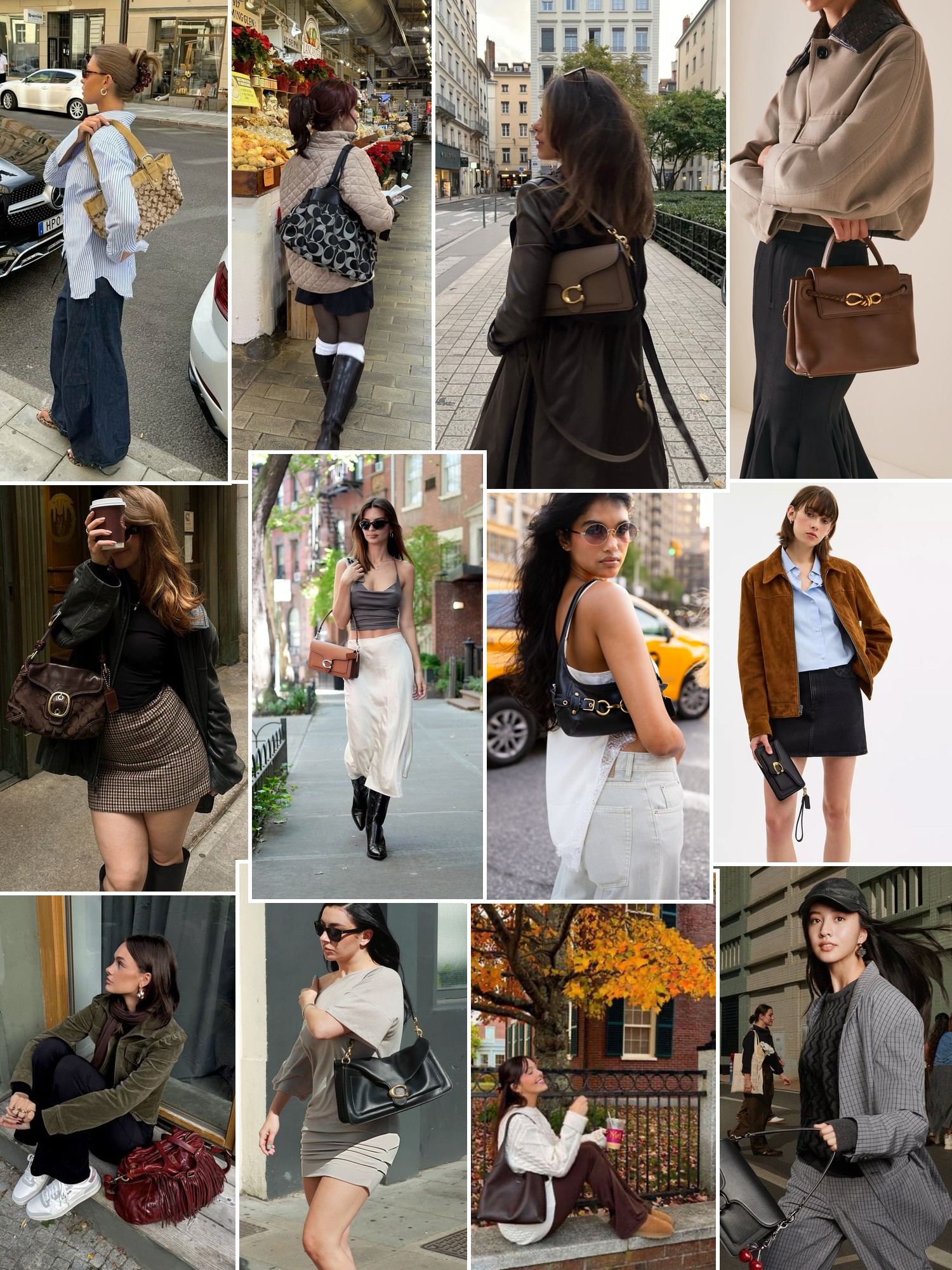 Women carrying leather handbags with denim, trench coats, relaxed city looks and autumn layers.