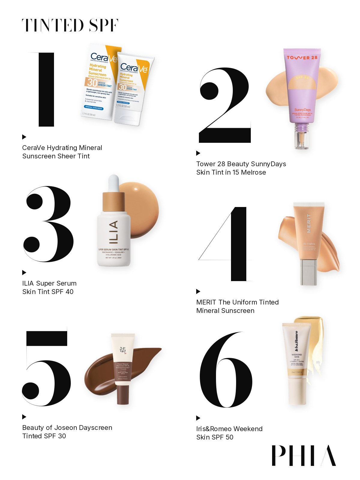 Big numbers collage for CeraVe Tinted Sunscreen: six products from CeraVe, Tower 28, ILIA, Merit, Beauty of Joseon and Iris&Romeo, each set beside a large numeral