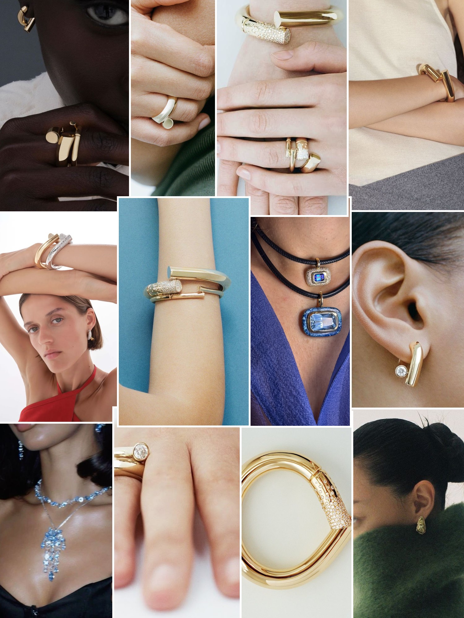 Collage of rings, earrings and layered necklaces worn up close, in the spirit of Tabayer
