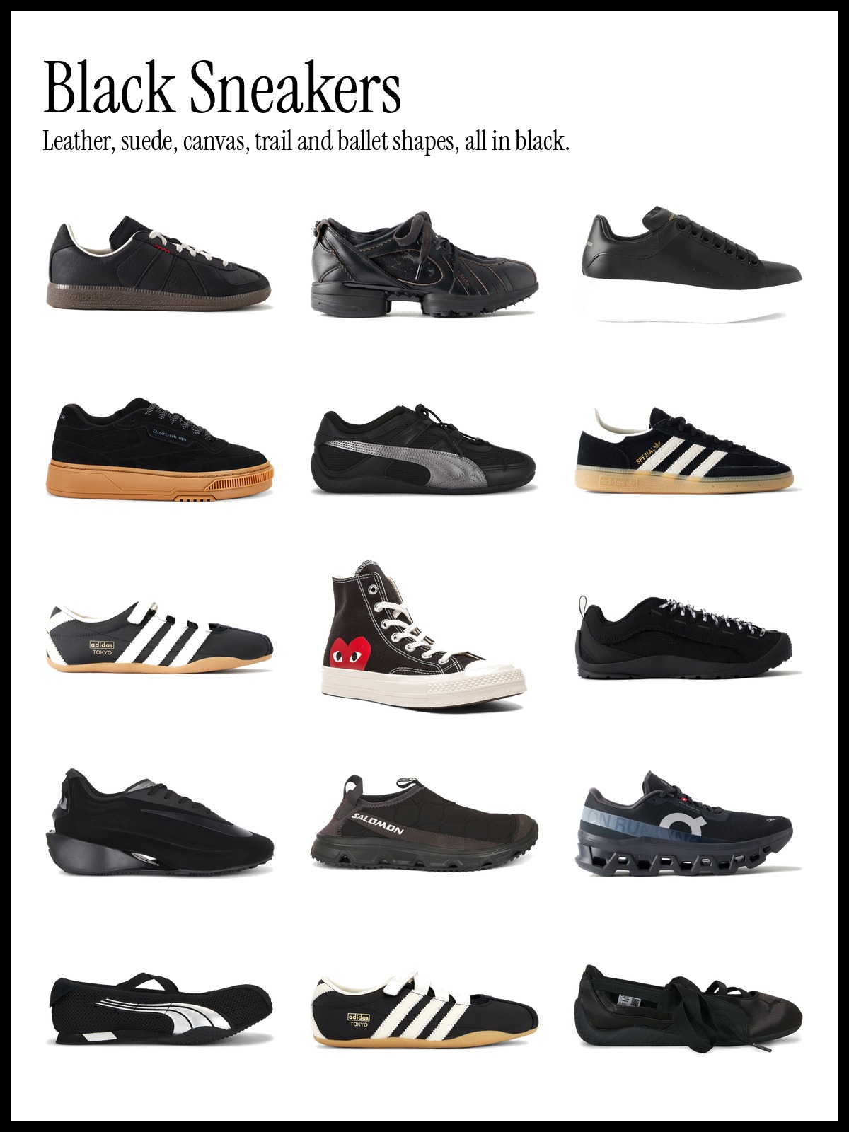 Collage of black sneakers including leather and suede low tops, a Converse high-top with a heart logo, black running shoes and black ballet sneakers