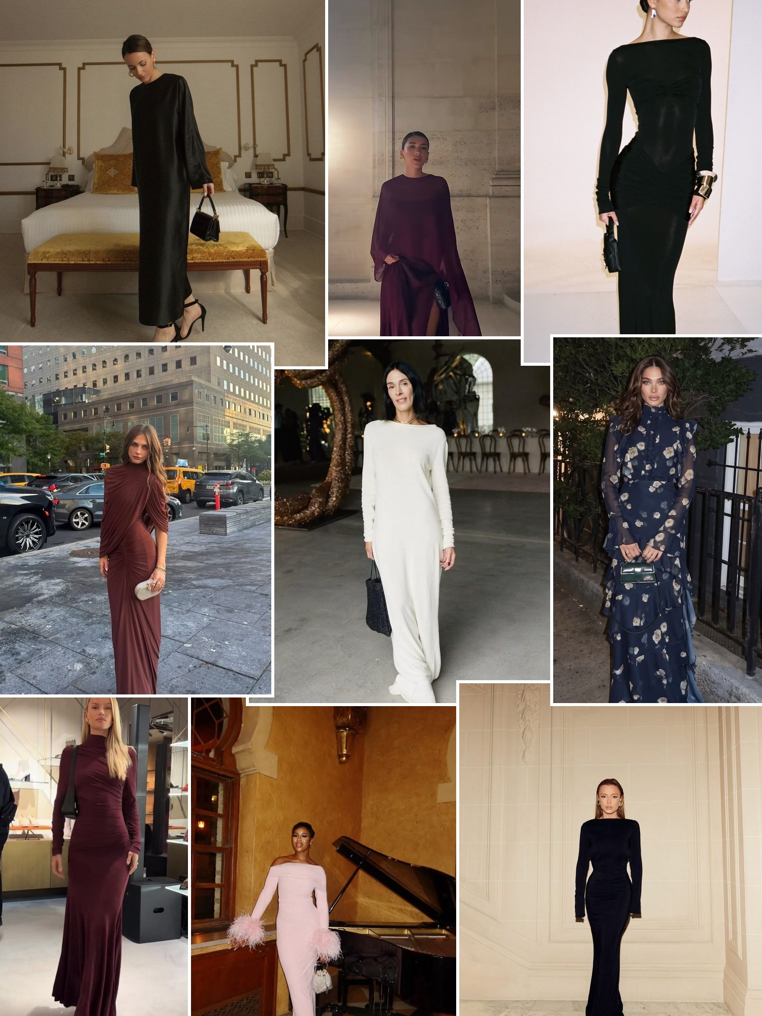 Street style collage of women wearing long sleeve formal dresses
