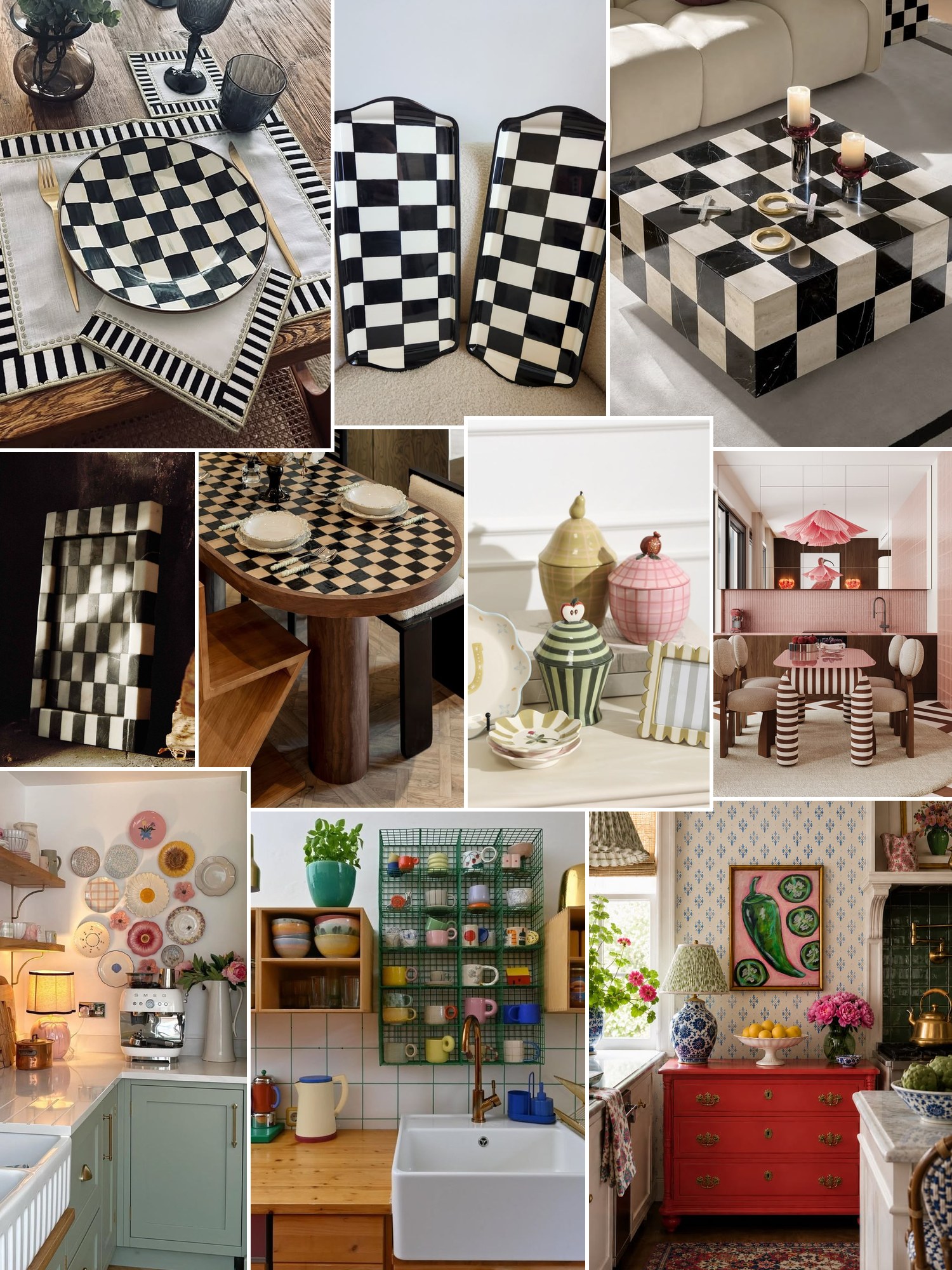 Collage of black and white check enamelware and similar looks