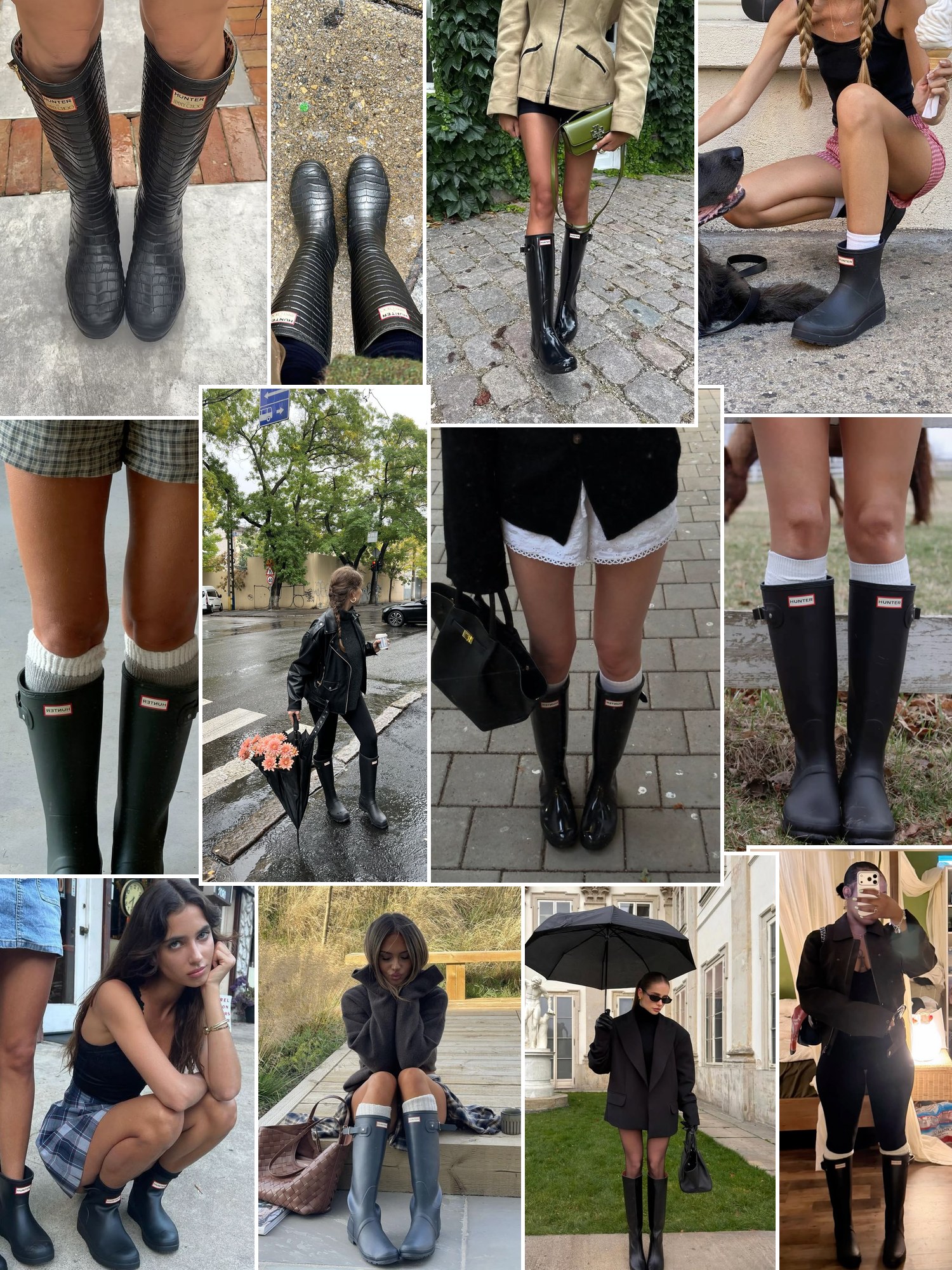 Collage of everyday outfits built around Hunter croc boots
