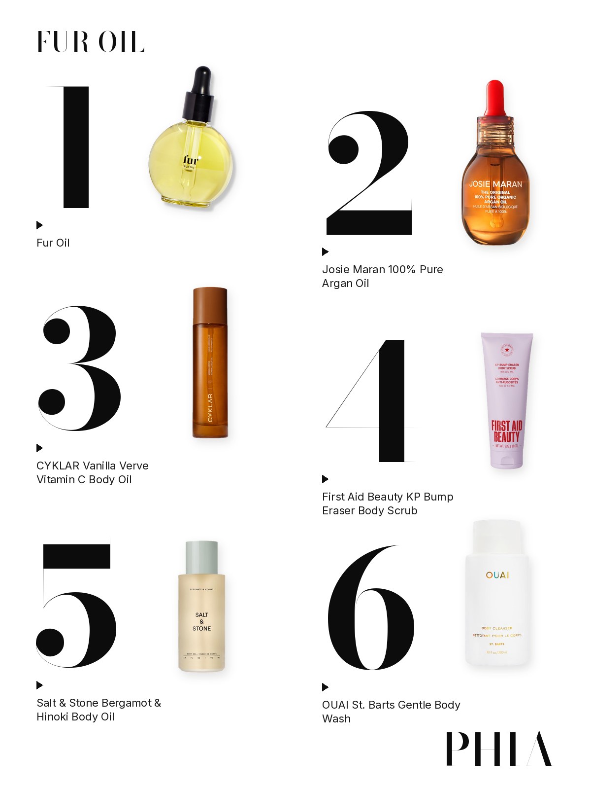 Big numbers collage for Fur Oil: six products from Fur, Josie Maran, Cyklar, First Aid Beauty, Salt & Stone and OUAI, each set beside a large numeral