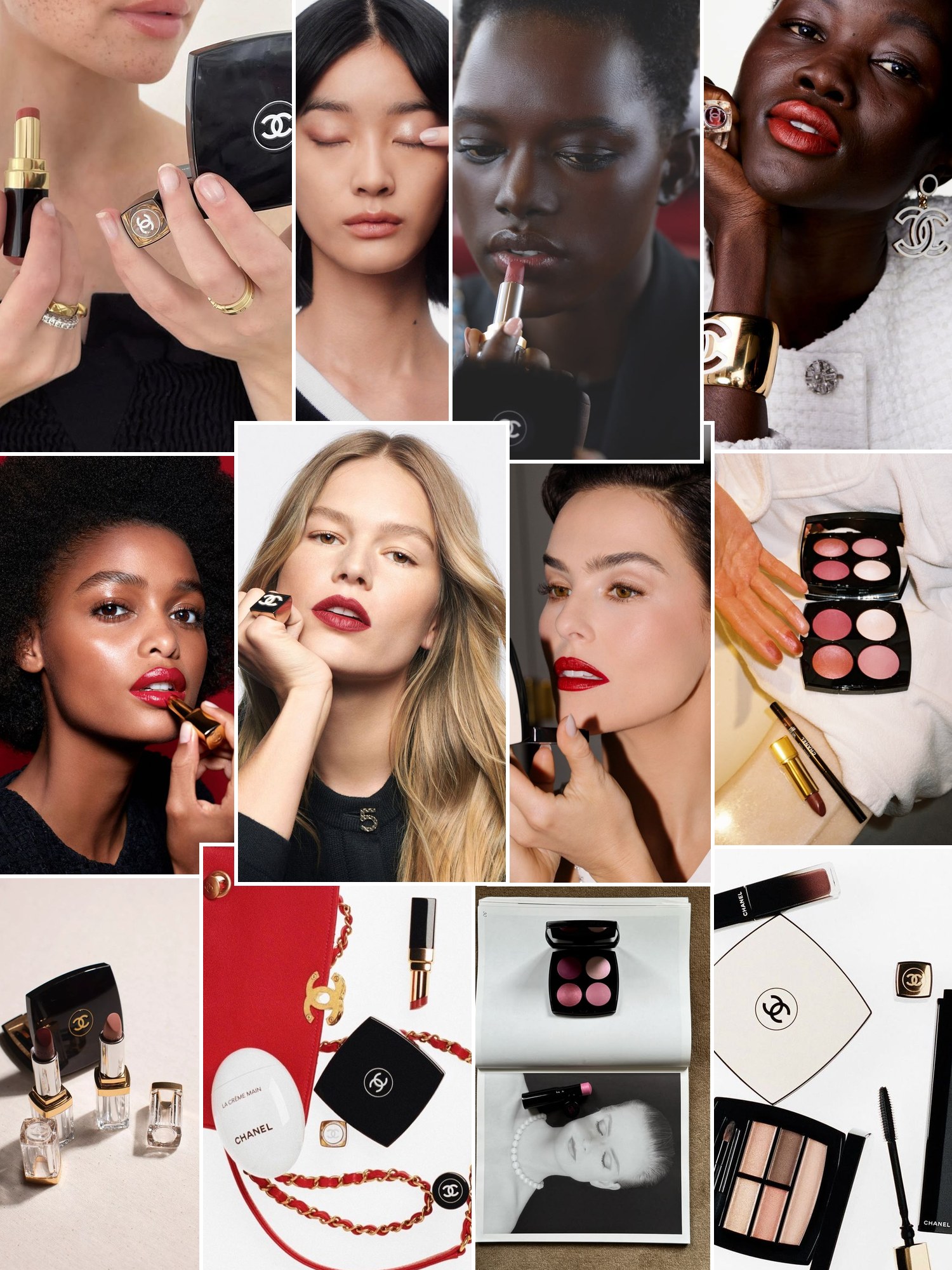 Street style collage of women wearing Chanel makeup