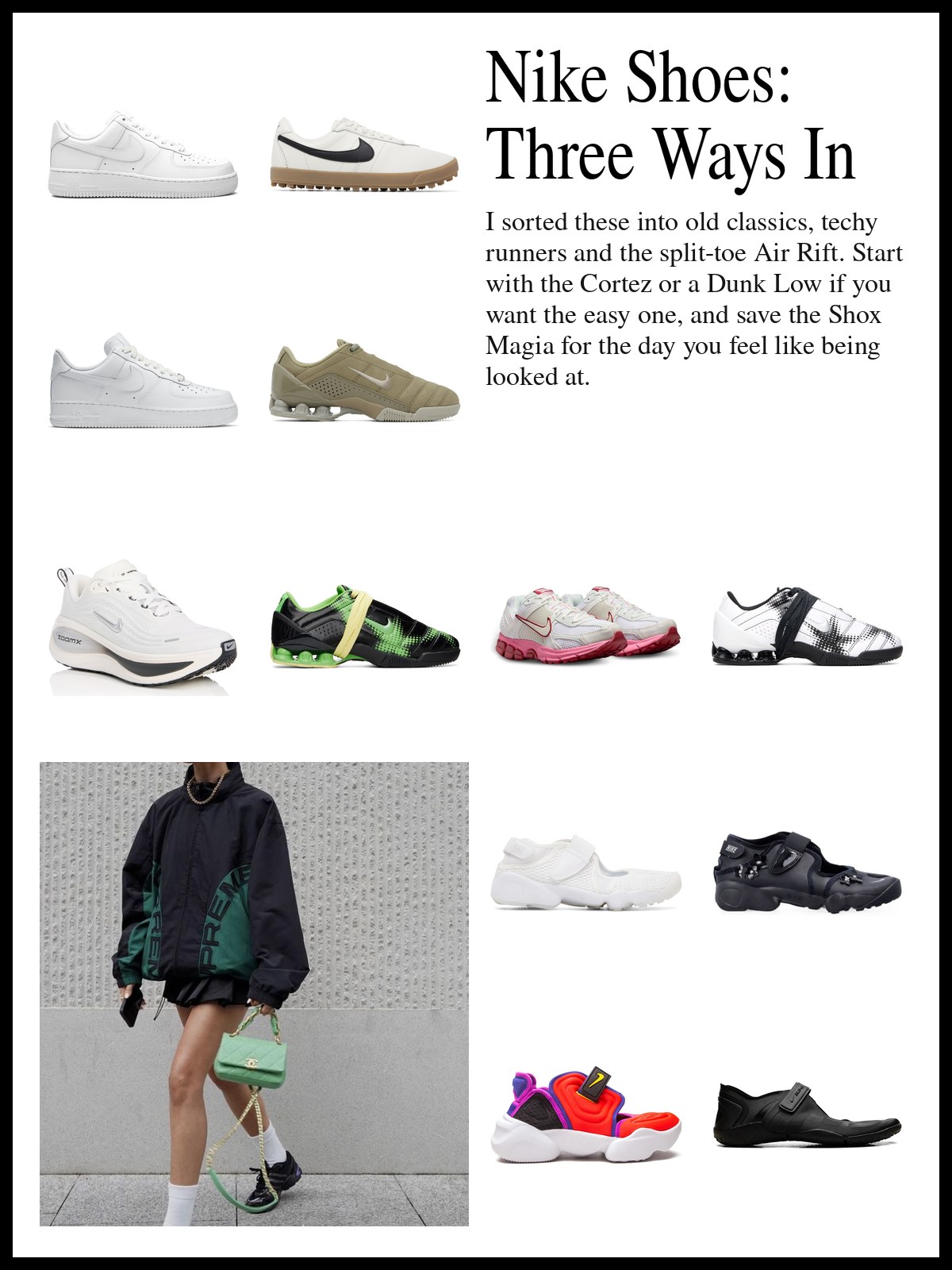 A collage of Nike sneakers including Dunk Low, Cortez, Air Force 1, Total 90 Shox Magia, Zoom Vomero 5 and Air Rift split-toe pairs, and a mood photo of a track jacket, shorts and black sneakers with a mint bag.