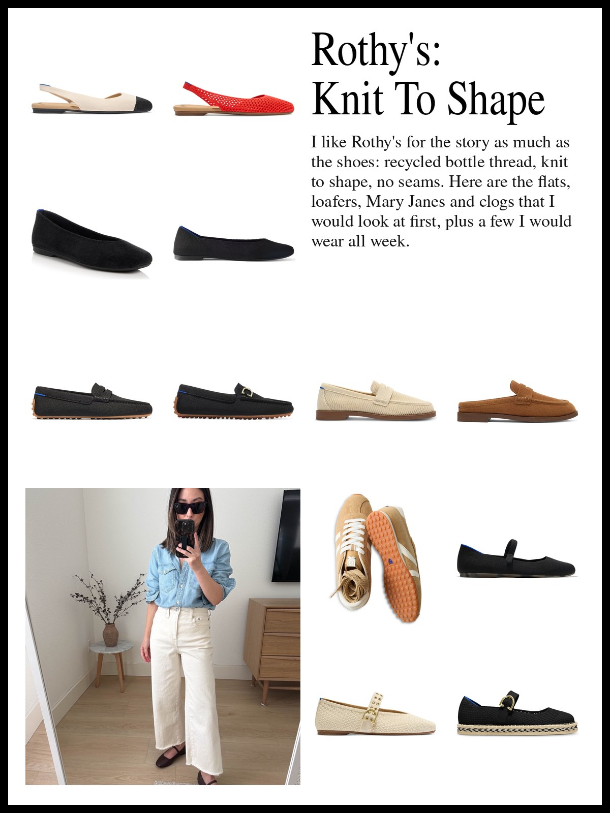 A collage of Rothy's pointed flats, driver loafers, Mary Jane flats, clogs and sandals, and a mood photo of a chambray shirt, cream wide leg jeans and dark ballet flats.
