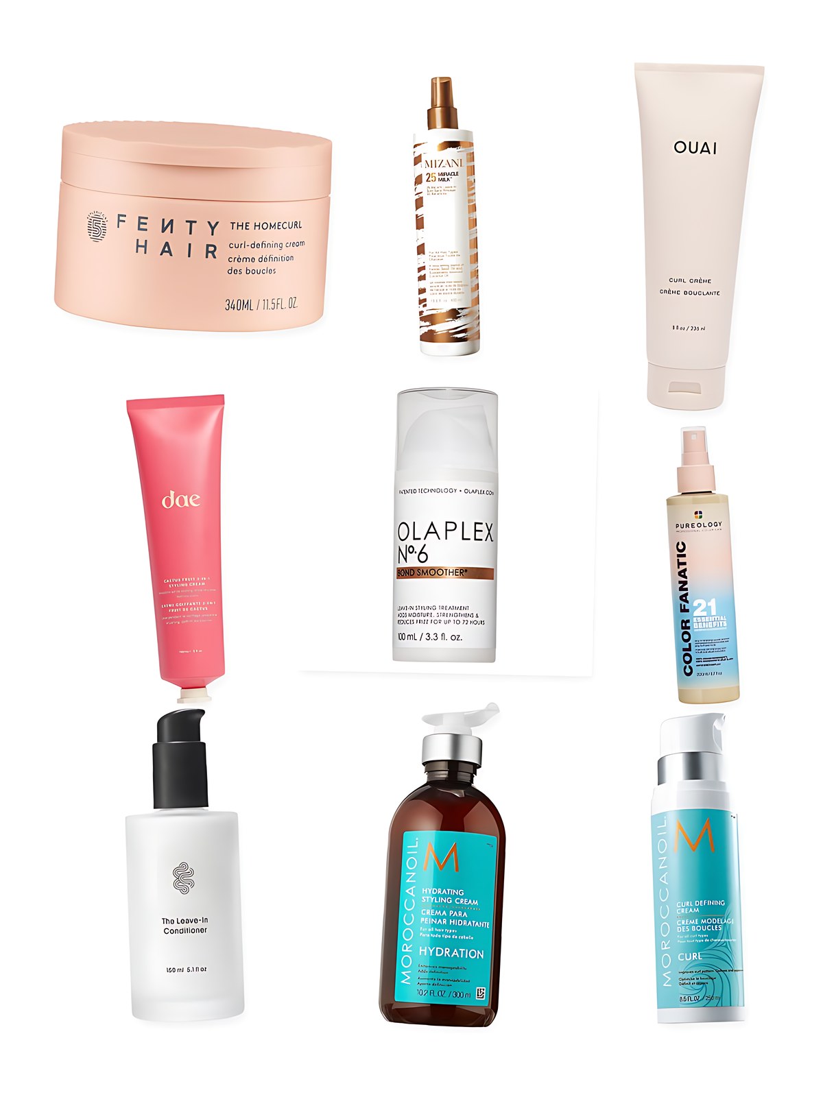 Collage on a white background showing dae Cactus Fruit 3-in-1 Styling Cream, Fenty Beauty by Rihanna The Homecurl Curl-Defining Styling Cream, Pureology Color Fanatic Heat Protectant Leave-In Conditioner, Moroccanoil Hydrating Styling Cream, Moroccanoil Curl Defining Cream with Argan Oil, Mizani 25 Miracle Milk Heat Protectant Leave-In Conditioner, Olaplex No. 6 Bond Smoother Frizz Control Styling Hair Cream, OUAI Anti-Frizz Curl Styling Cream with North Bondi Fragrance and Crown Affair The Leave-In Conditioner Cream for Hydrated Hair.