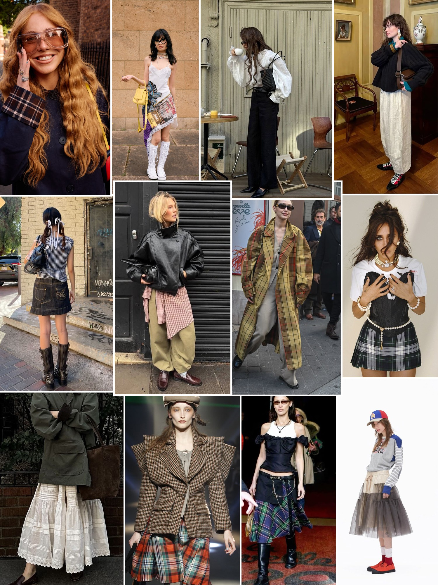 Collage of punk inspired street style, plaid, layered jackets and colorful skirts.
