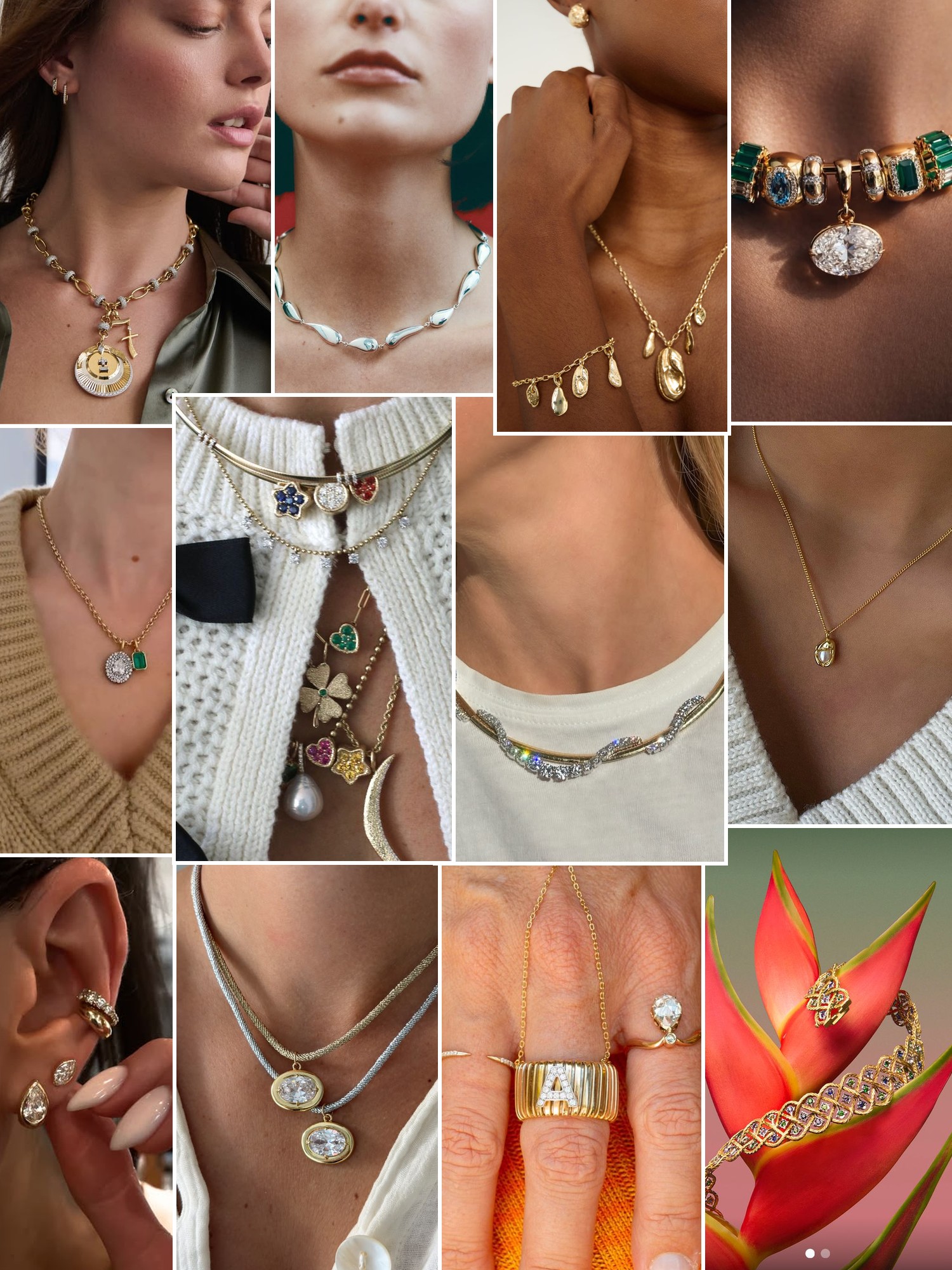 Collage of rings, earrings and layered necklaces worn up close, in the spirit of Elior
