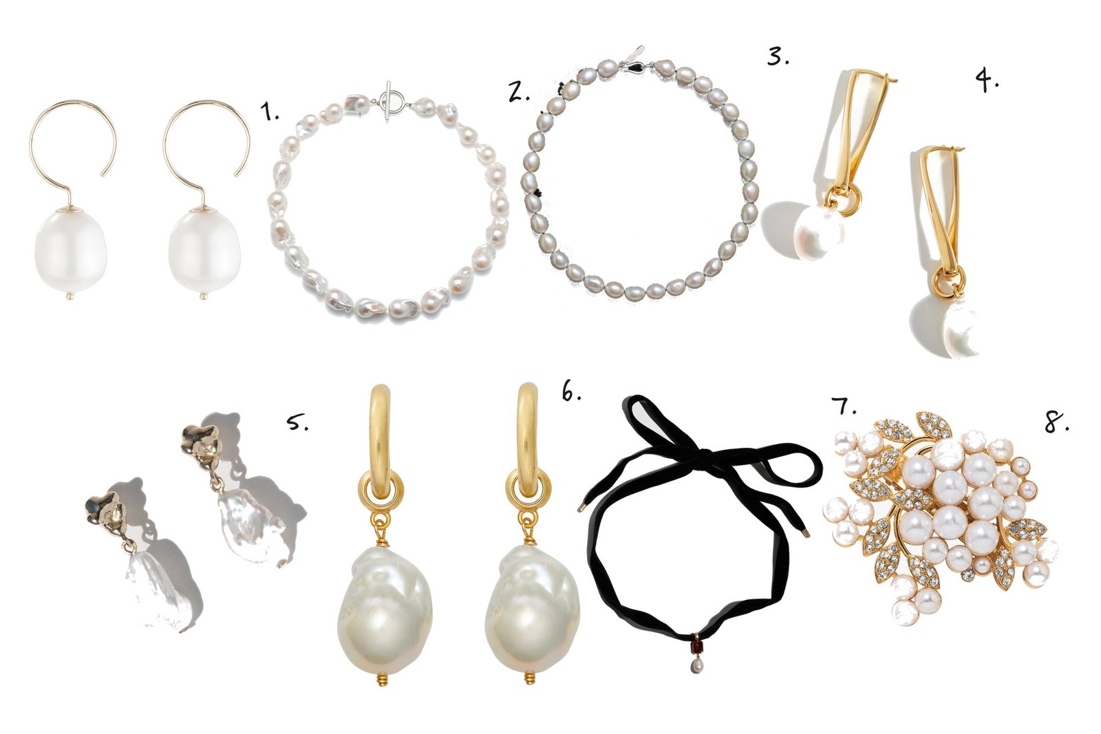 Numbered collage: 1. Ariel Gordon Baroque Pearl Swing Hoops; 2. AGMES Baroque Pearl Necklace; 3. Sophie Buhai Simple Baroque Pearl Collar; 4. Missoma Baroque Pearl Twisted Drop Earrings; 5. FarisFaris Neb Pearl Drops; 6. Brinker + Eliza Favorite Pearl Hoops; 7. Loren Stewart Crimson Pearl Choker; 8. Jennifer Behr Verona Pearl Brooch