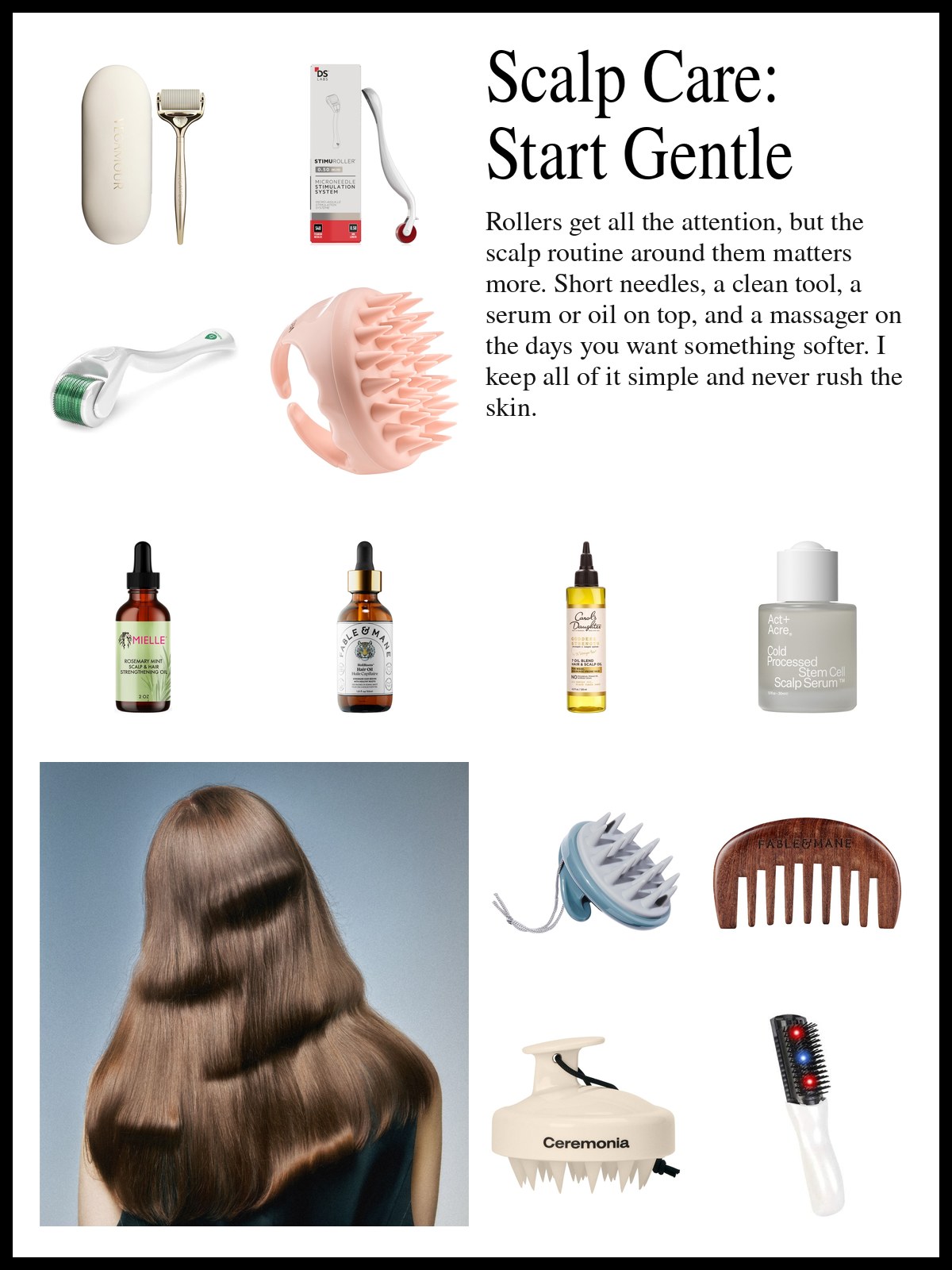 Collage of scalp rollers, scalp serums and oils, and handheld scalp massagers, and a mood photo of long smooth brown hair seen from behind.