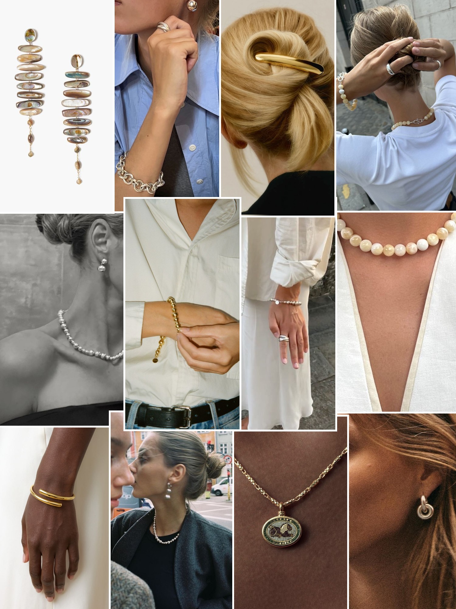 Collage of rings, earrings and layered necklaces worn up close, in the spirit of Lié Studio