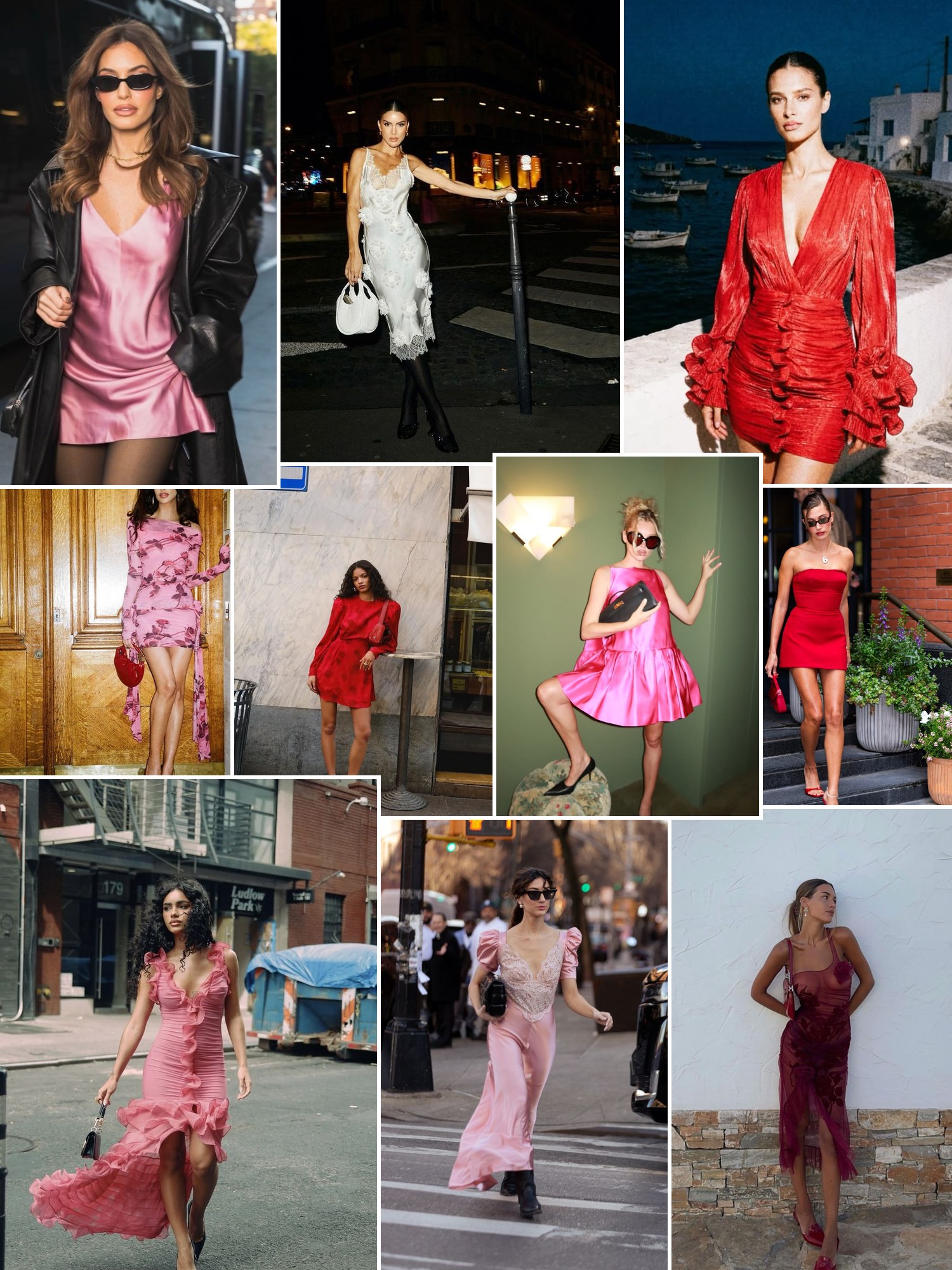 Collage of bright color and print birthday dresses with heels