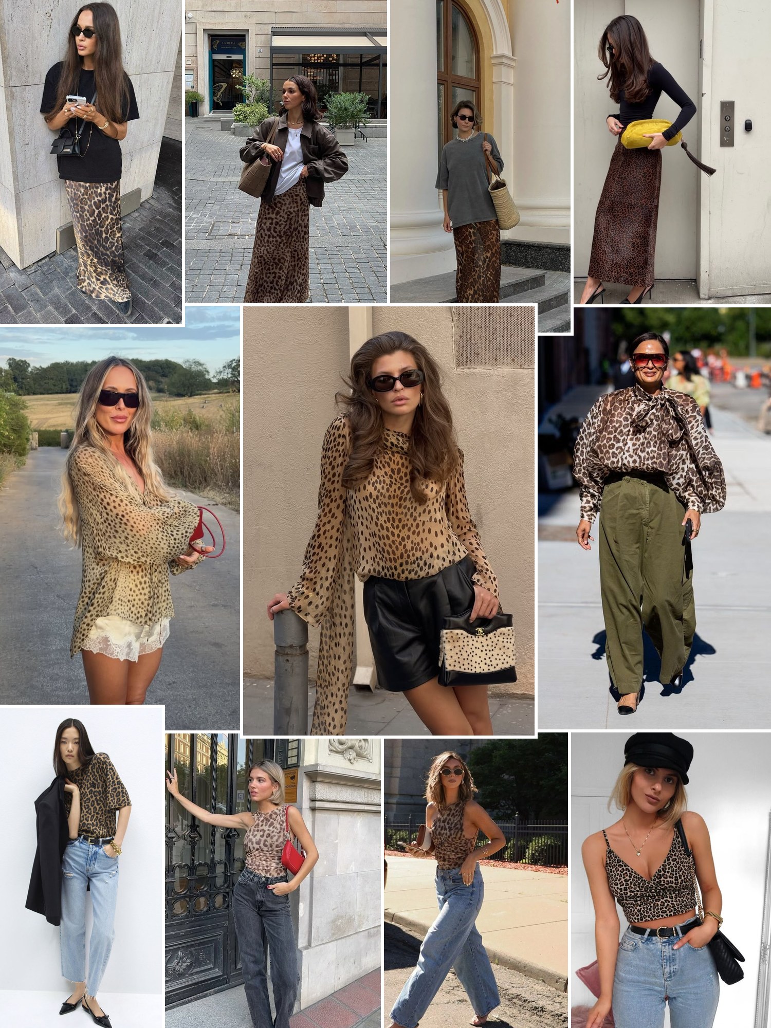 Collage of everyday outfits built around leopard print outfit